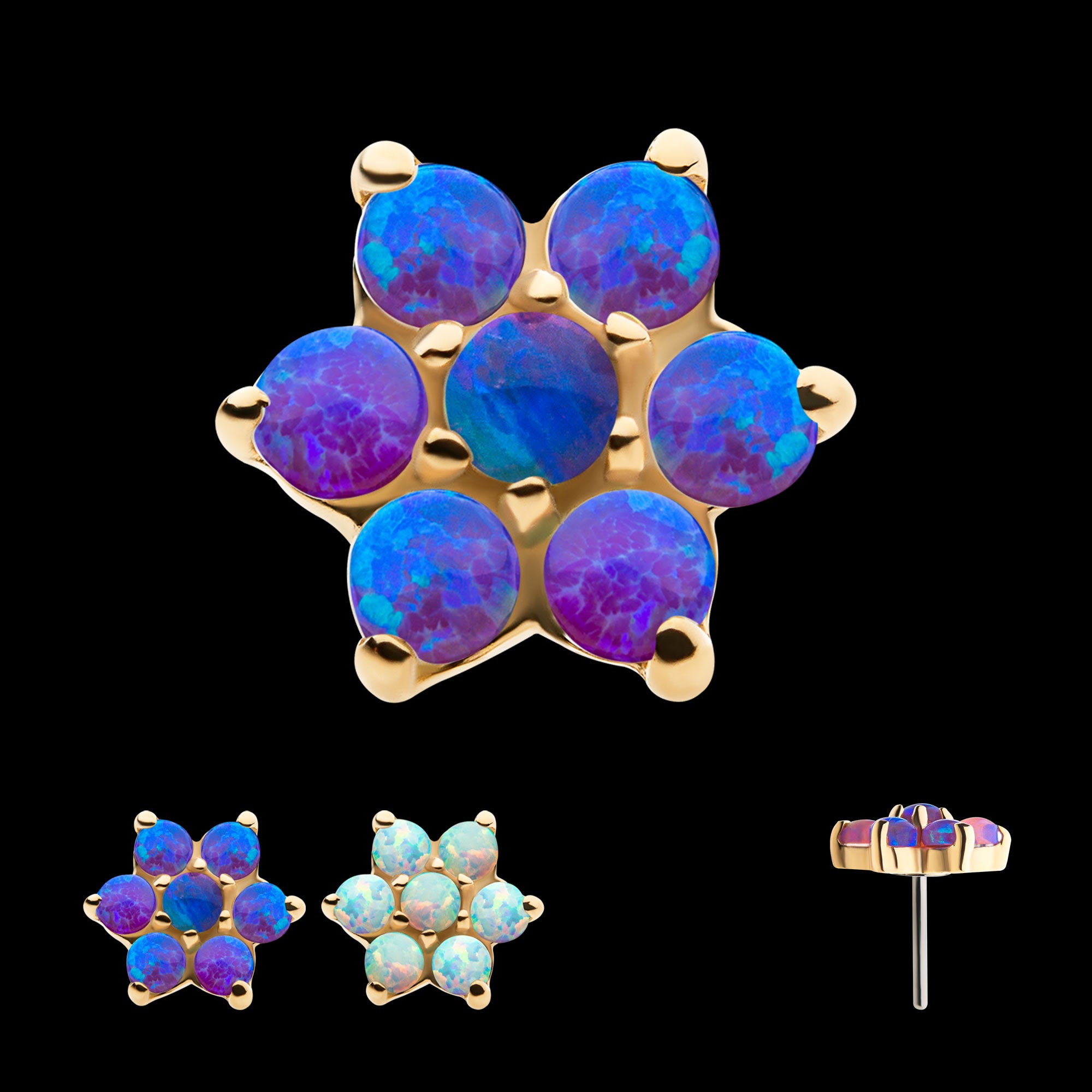 7 Prong Set Synthetic Opal Flower Flatback Stud Earring / Nosering - Synthetic Opal & Opal in 14Kt Yellow Gold
