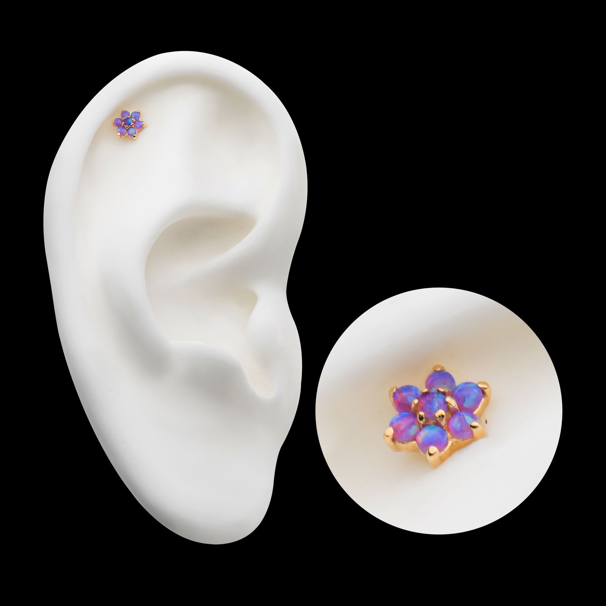 7 Prong Set Synthetic Opal Flower Flatback Stud Earring / Nosering - Synthetic Opal & Opal in 14Kt Yellow Gold