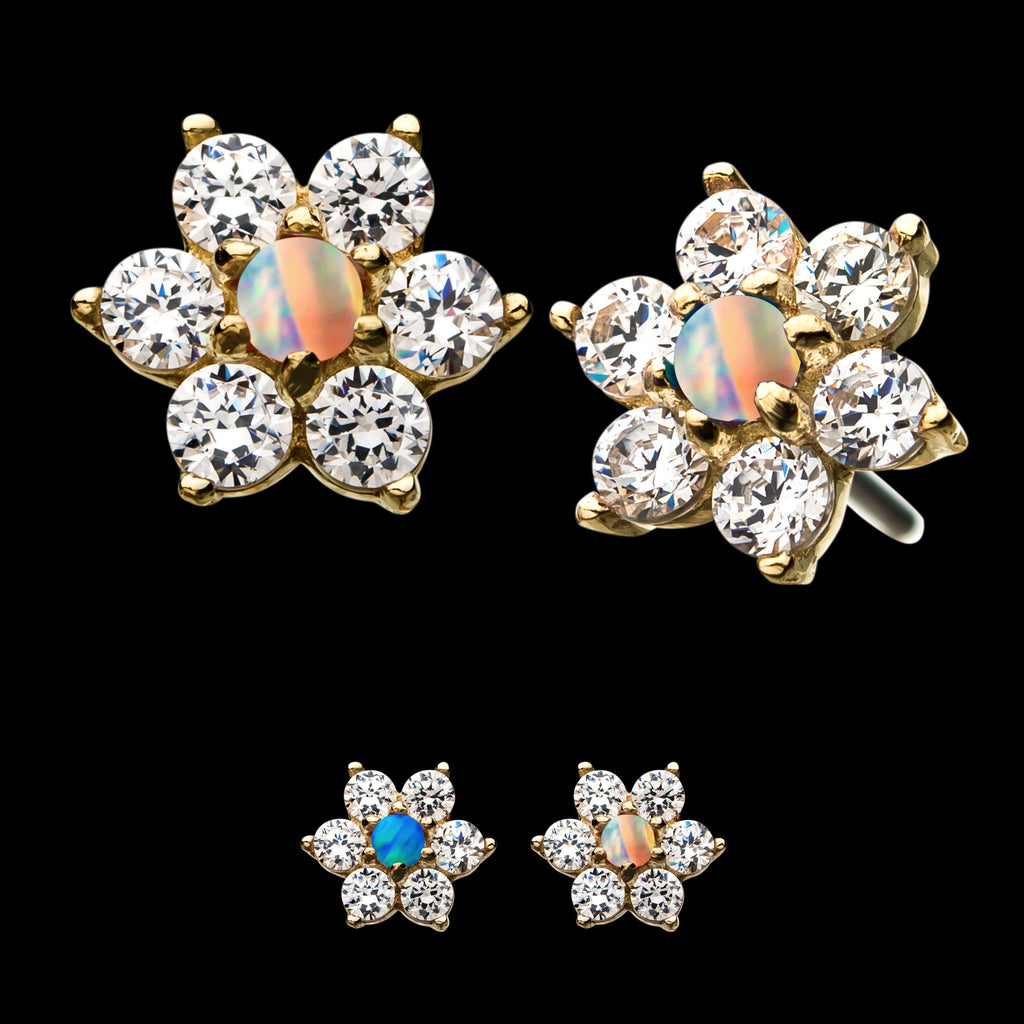 6-CZ Clear Gems and Synthetic Opal Flatback Stud Earring / Nosering - Synthetic Opal & CZ & Opal in 14Kt Yellow Gold