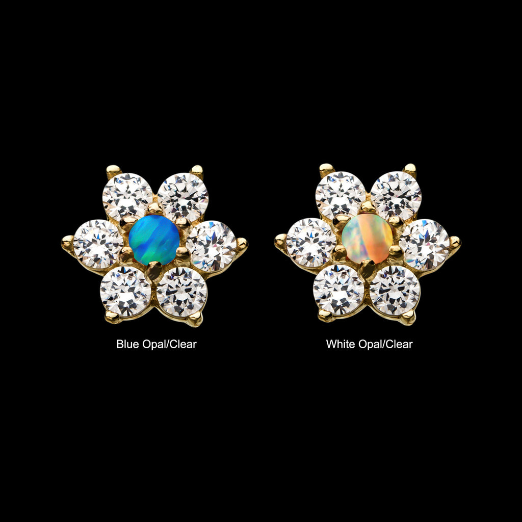 6-CZ Clear Gems and Synthetic Opal Flatback Stud Earring / Nosering - Synthetic Opal & CZ & Opal in 14Kt Yellow Gold
