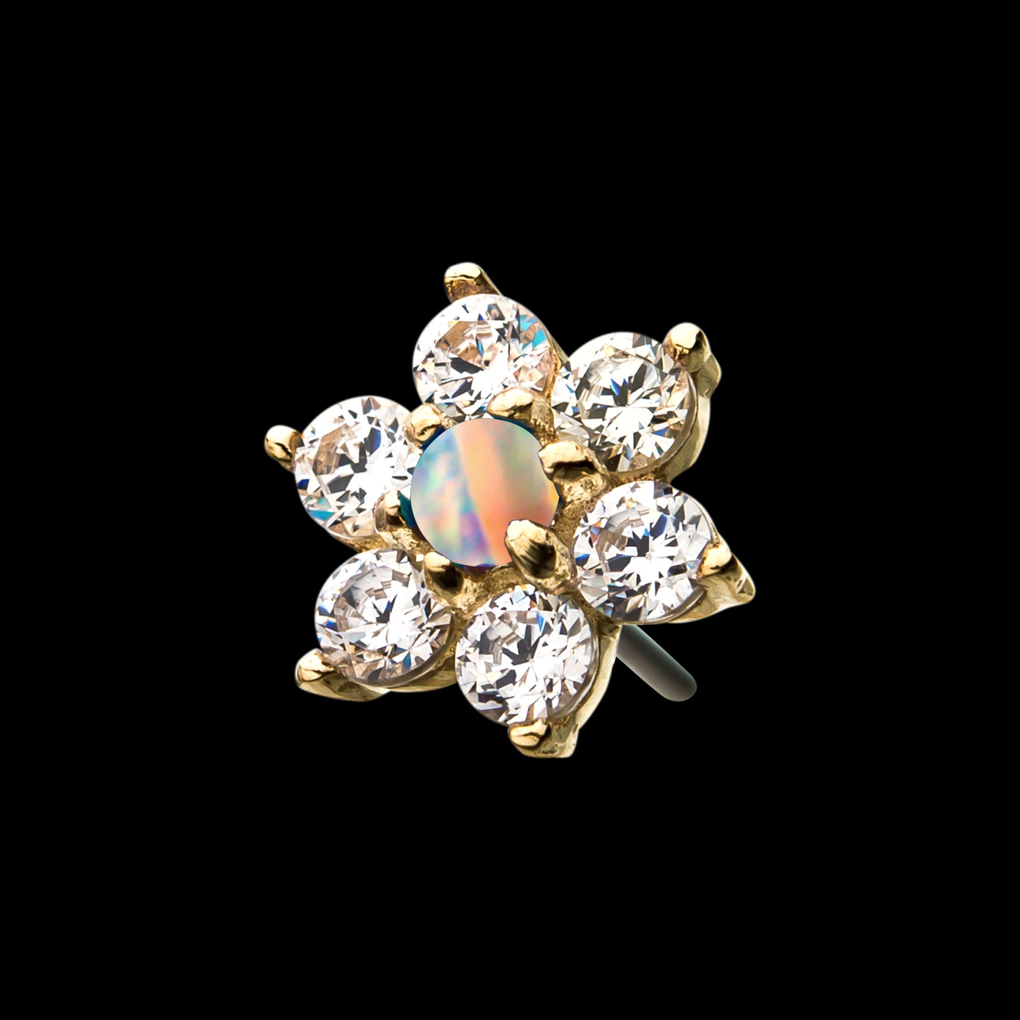6-CZ Clear Gems and Synthetic Opal Flatback Stud Earring / Nosering - Synthetic Opal & CZ & Opal in 14Kt Yellow Gold