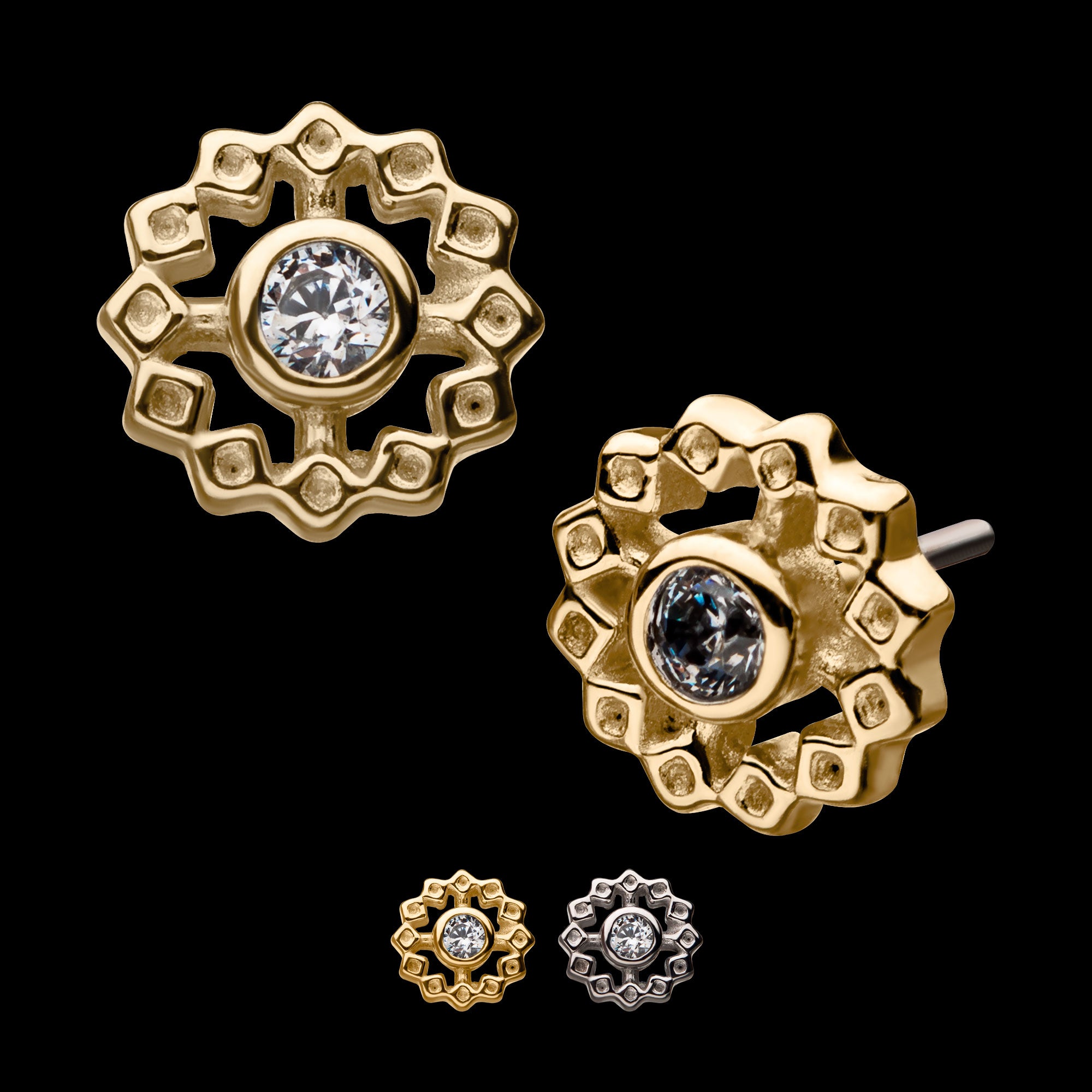Bezel Set Gem Flower Flatback Stud Earring / Nosering - Gem in 14Kt Gold