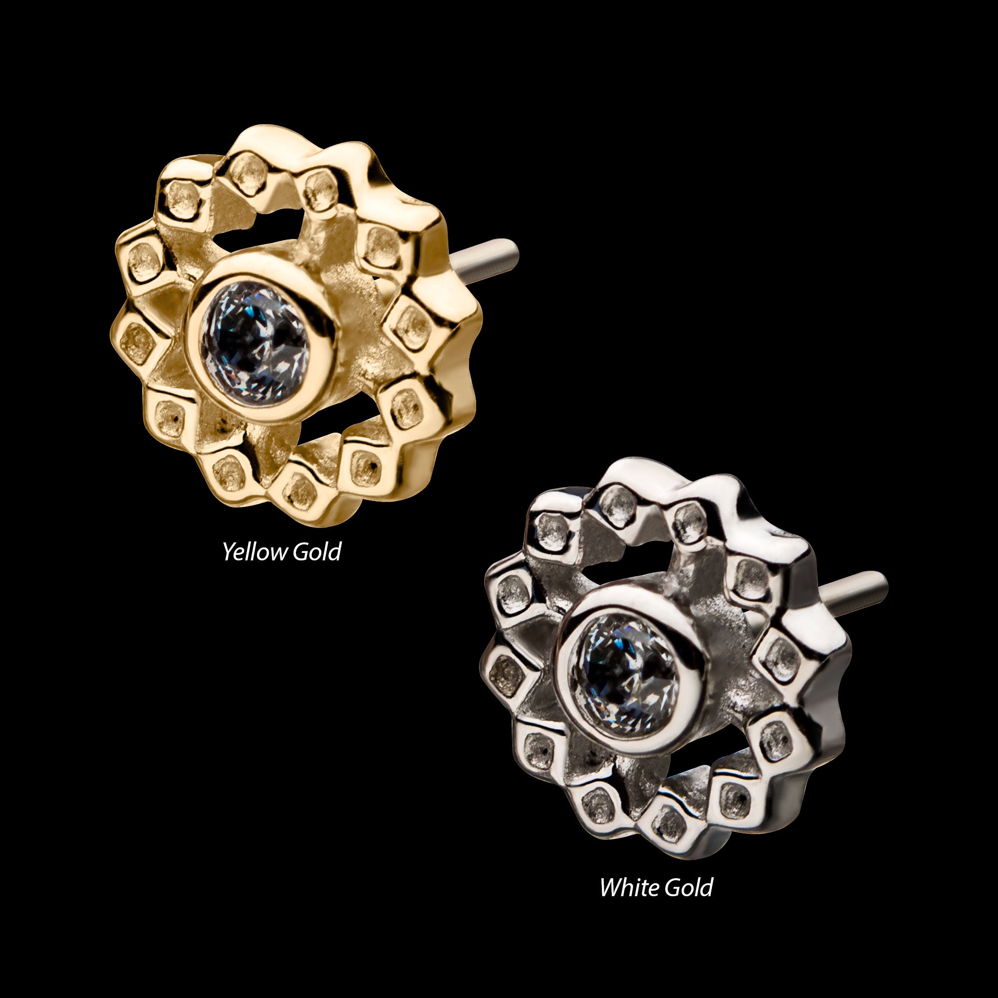 Bezel Set Gem Flower Flatback Stud Earring / Nosering - Gem in 14Kt Gold