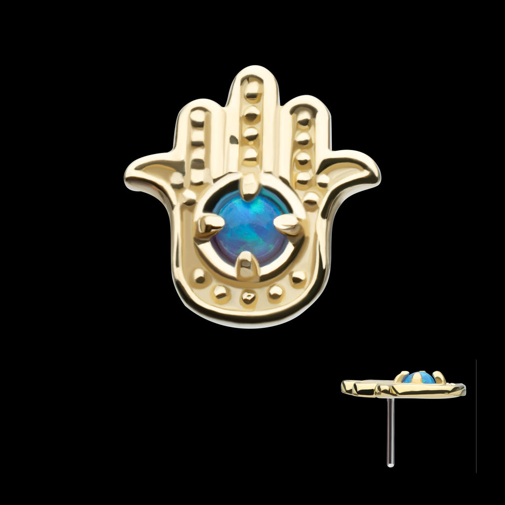 Prong Set Round Blue Opal Hamsa Flatback Stud Earring / Nosering - Opal in 14Kt Yellow Gold