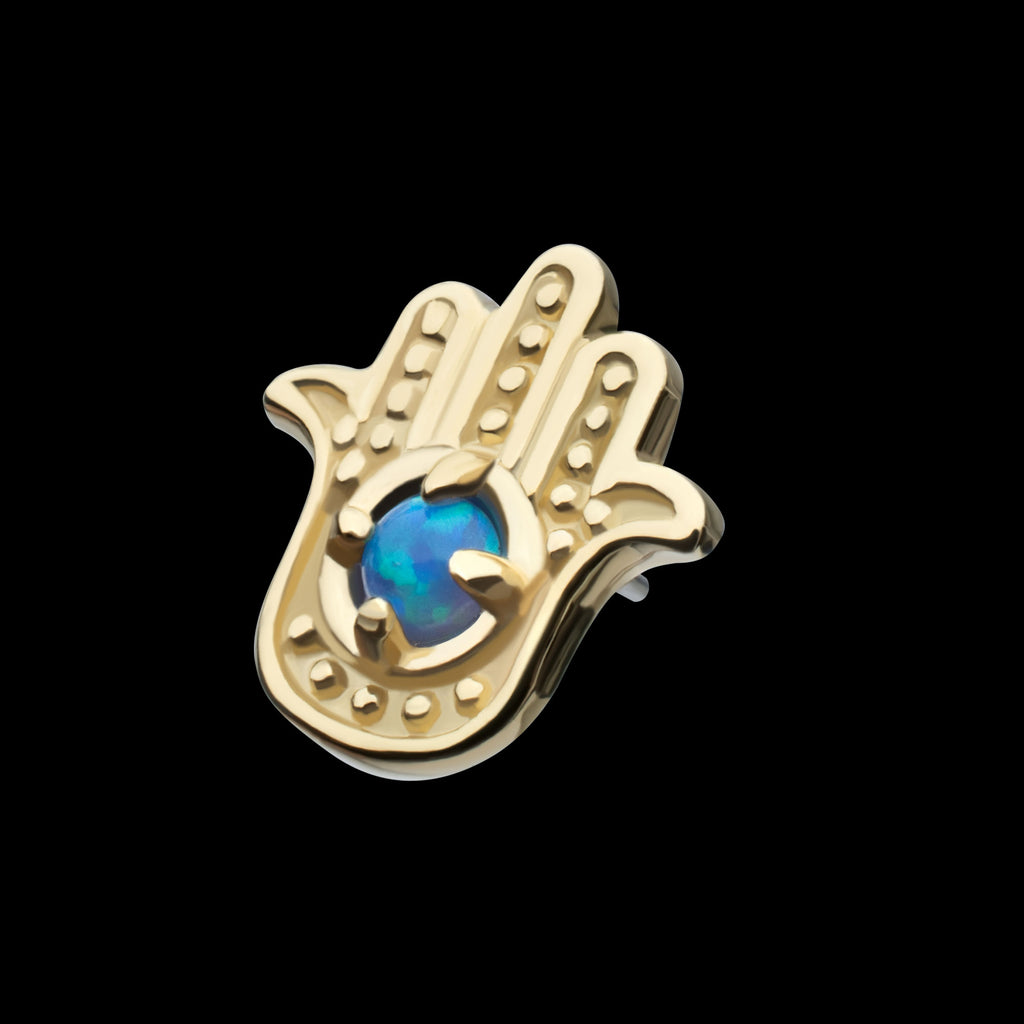 Prong Set Round Blue Opal Hamsa Flatback Stud Earring / Nosering - Opal in 14Kt Yellow Gold