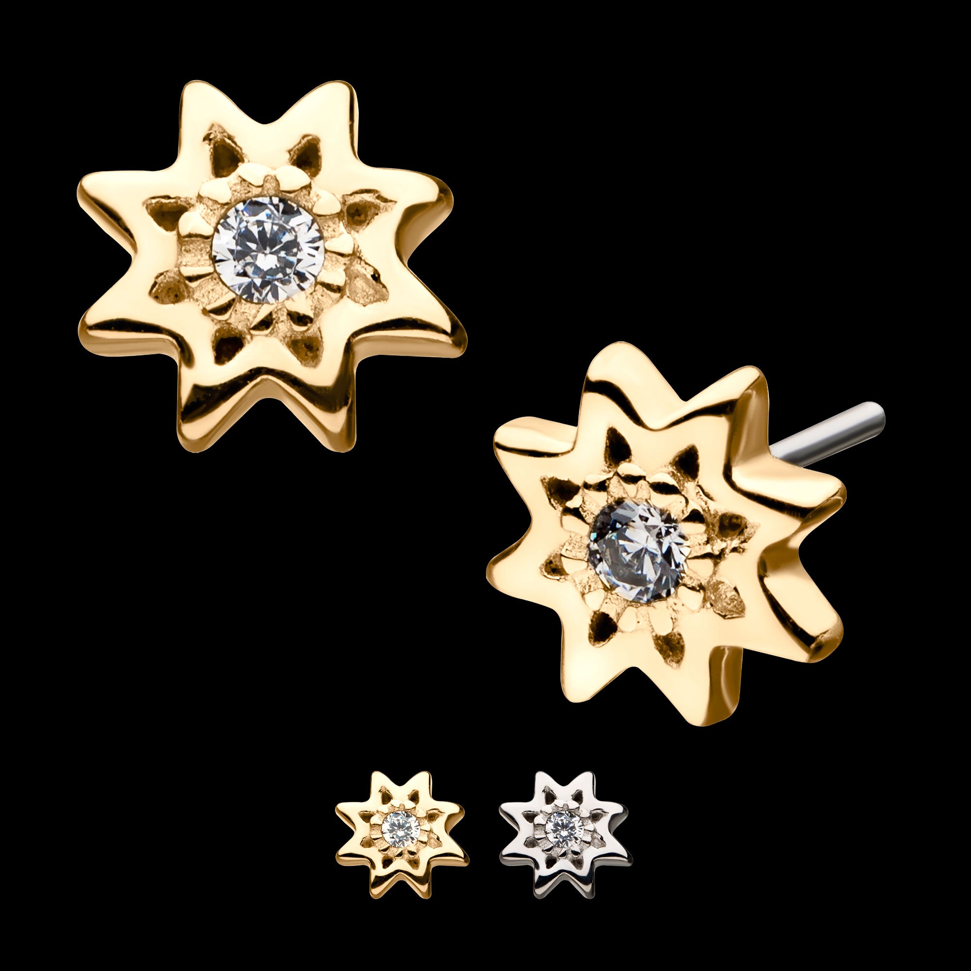 Round Clear CZ Sun Flatback Stud Earring / Nosering - Clear CZ in 14Kt Gold