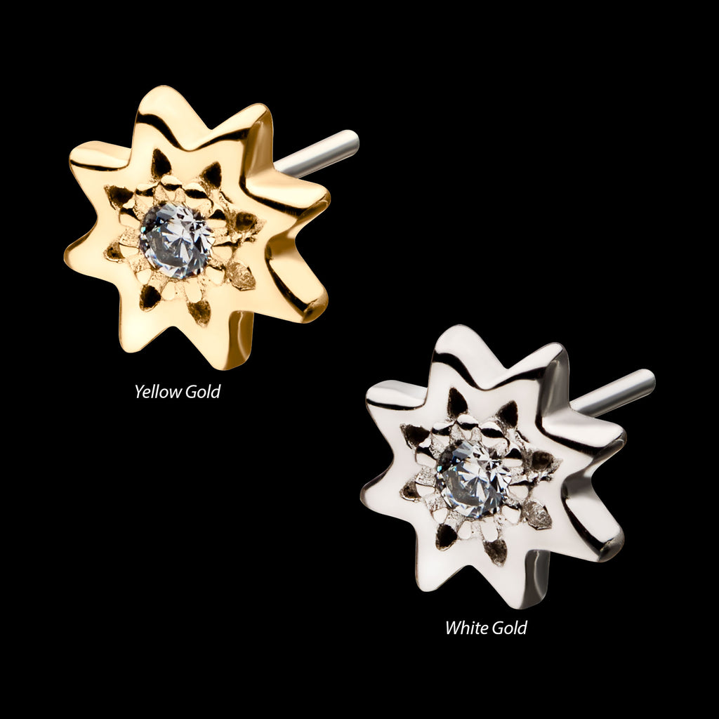 Round Clear CZ Sun Flatback Stud Earring / Nosering - Clear CZ in 14Kt Gold