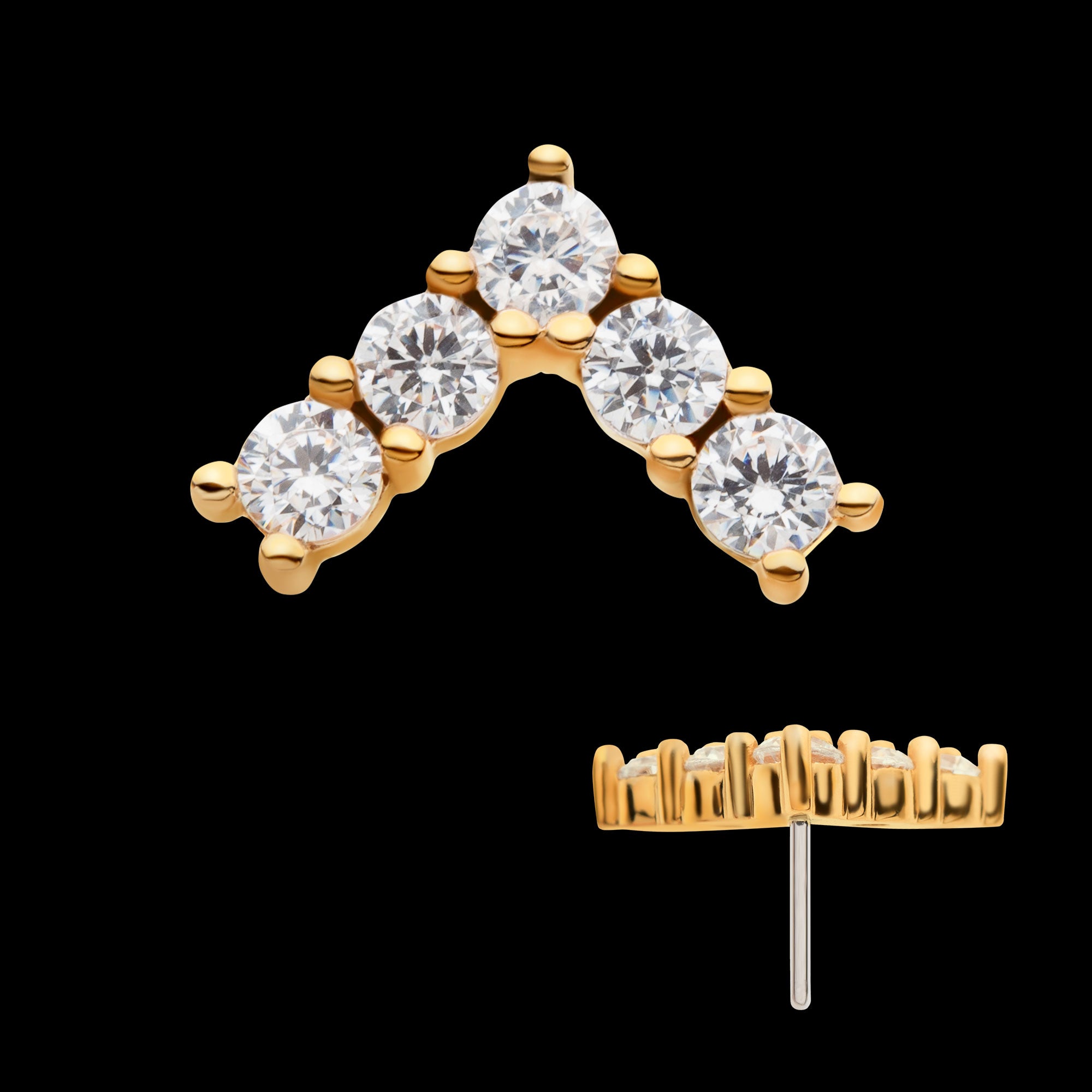 Prong Set 5 Round Clear CZ Triangle Flatback Stud Earring / Nosering - Clear CZ in 14Kt Yellow Gold