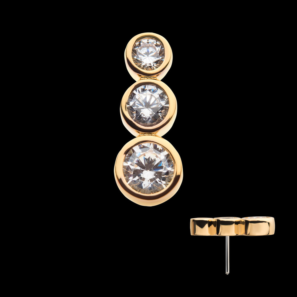 Bezel Set 3 Clear CZ Cluster Flatback Stud Earring / Nosering - Clear CZ in 14Kt Yellow Gold