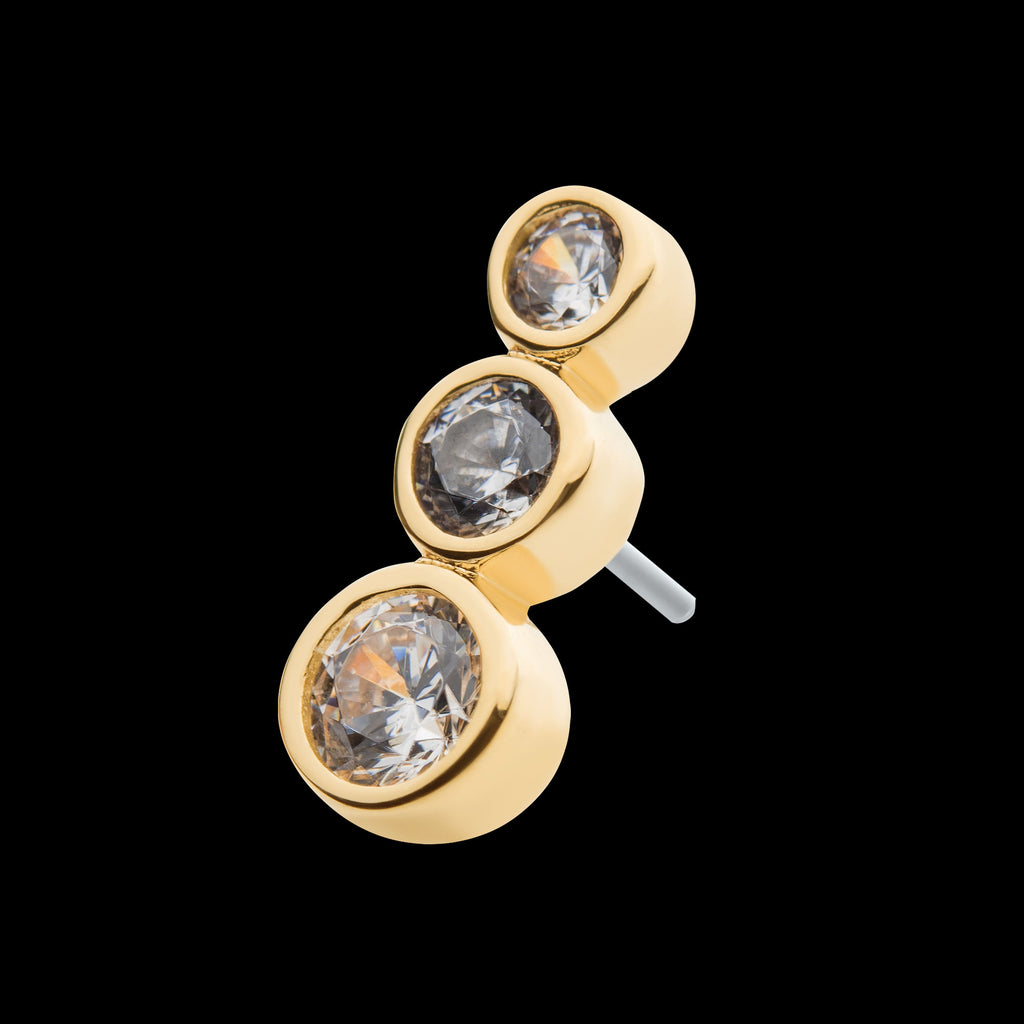 Bezel Set 3 Clear CZ Cluster Flatback Stud Earring / Nosering - Clear CZ in 14Kt Yellow Gold