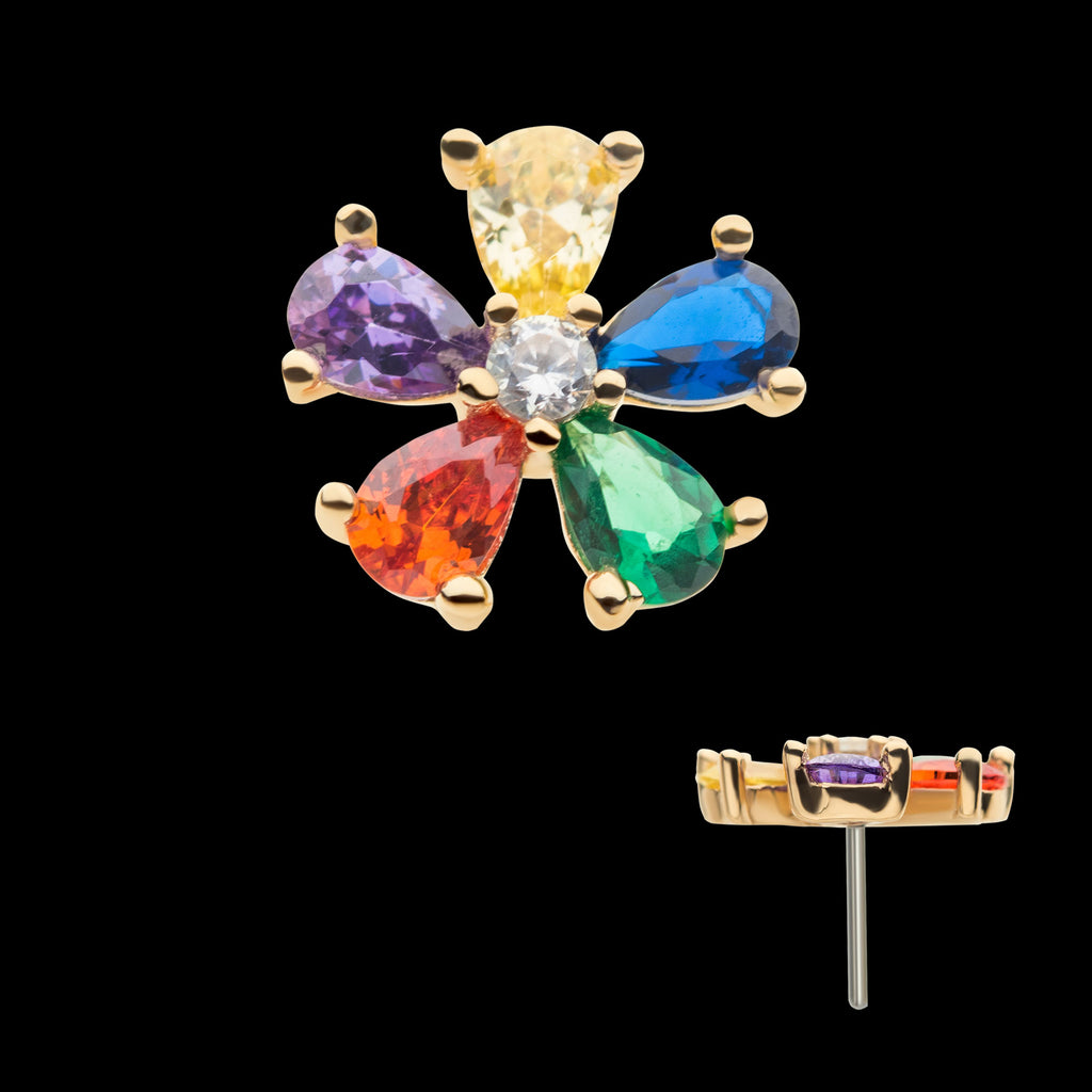 Prong Set 5 Rainbow CZ Flower Flatback Stud Earring / Nosering - Rainbow CZ & CZ in 14Kt Yellow Gold