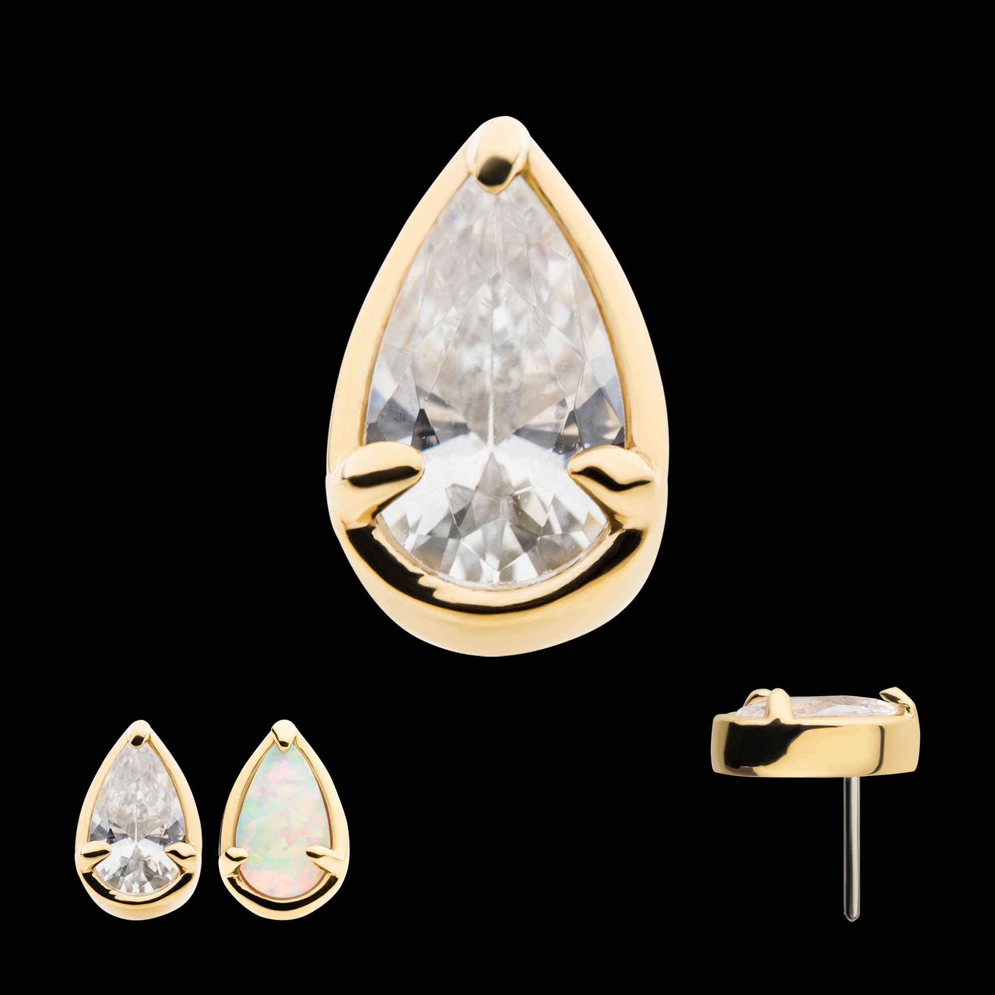 Prong Set Pear-Shaped CZ/Synthetic Opal/Stone Flatback Stud Earring / Nosering - Synthetic Opal & CZ & Opal in 14Kt Gold