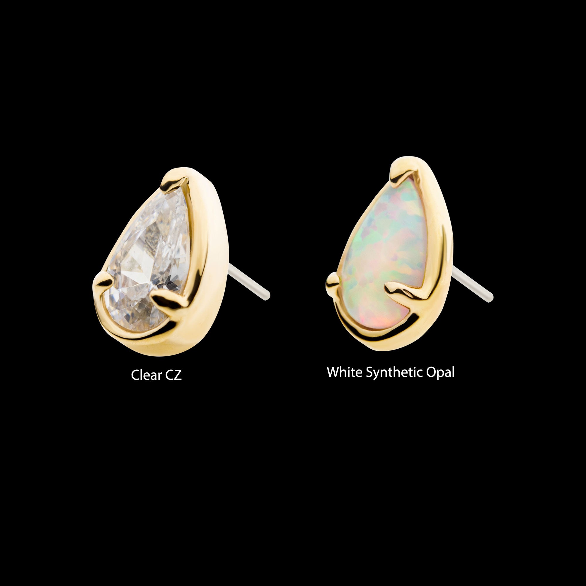 Prong Set Pear-Shaped CZ/Synthetic Opal/Stone Flatback Stud Earring / Nosering - Synthetic Opal & CZ & Opal in 14Kt Gold