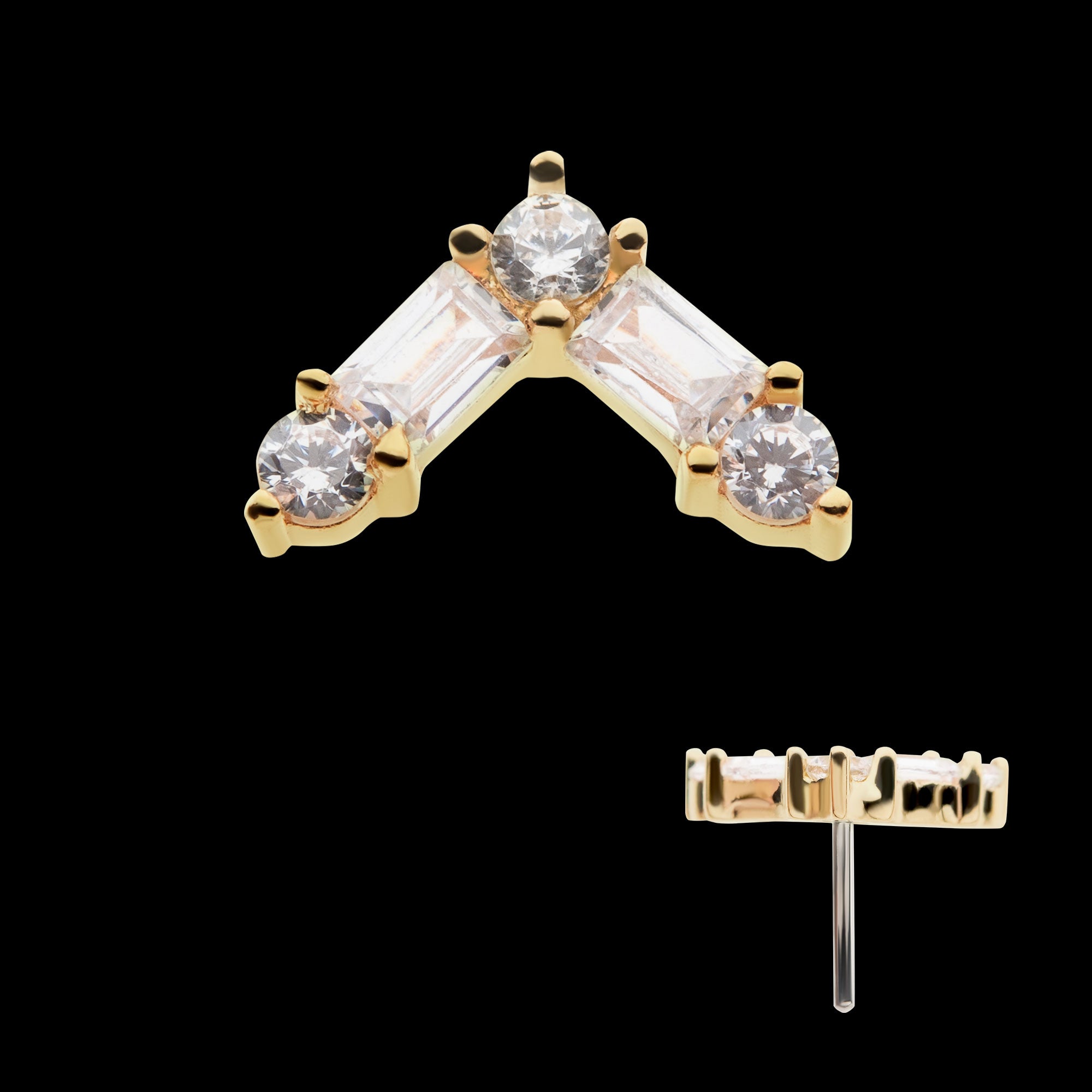 Prong Set Round and Baguette Clear CZ Triangle Flatback Stud Earring / Nosering - Clear CZ in 14Kt Yellow Gold