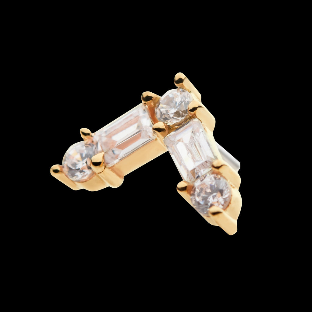 Prong Set Round and Baguette Clear CZ Triangle Flatback Stud Earring / Nosering - Clear CZ in 14Kt Yellow Gold