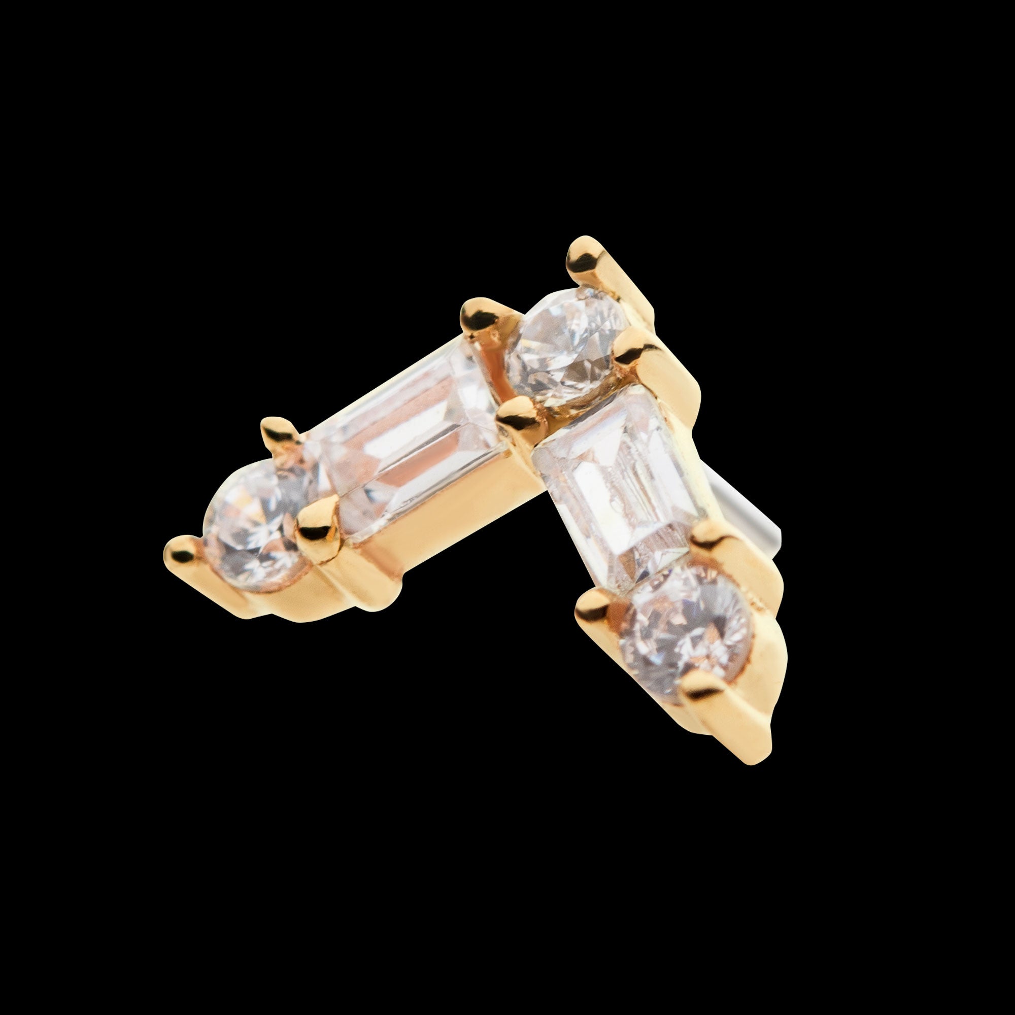 Prong Set Round and Baguette Clear CZ Triangle Flatback Stud Earring / Nosering - Clear CZ in 14Kt Yellow Gold