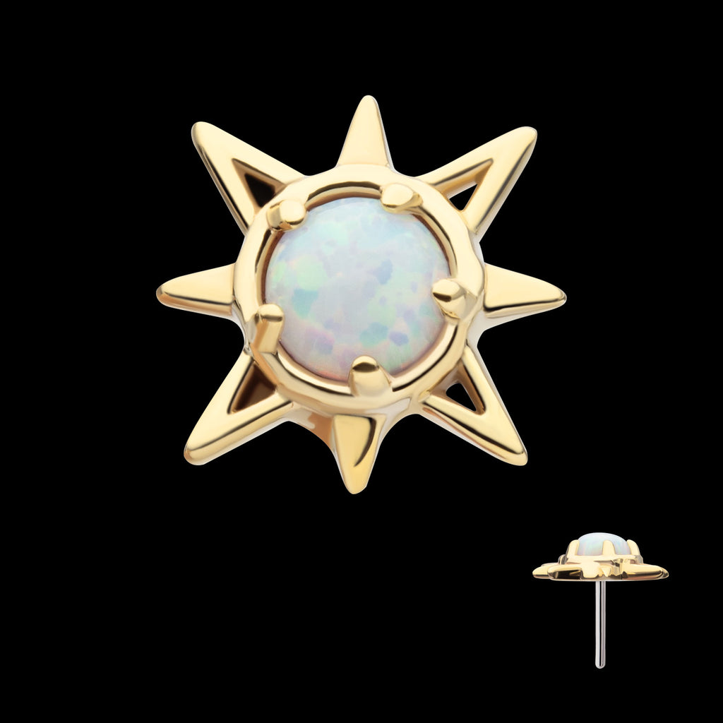 Prong Set Round White Opal Sunburst Flatback Stud Earring / Nosering - White Opal & Opal in 14Kt Yellow Gold