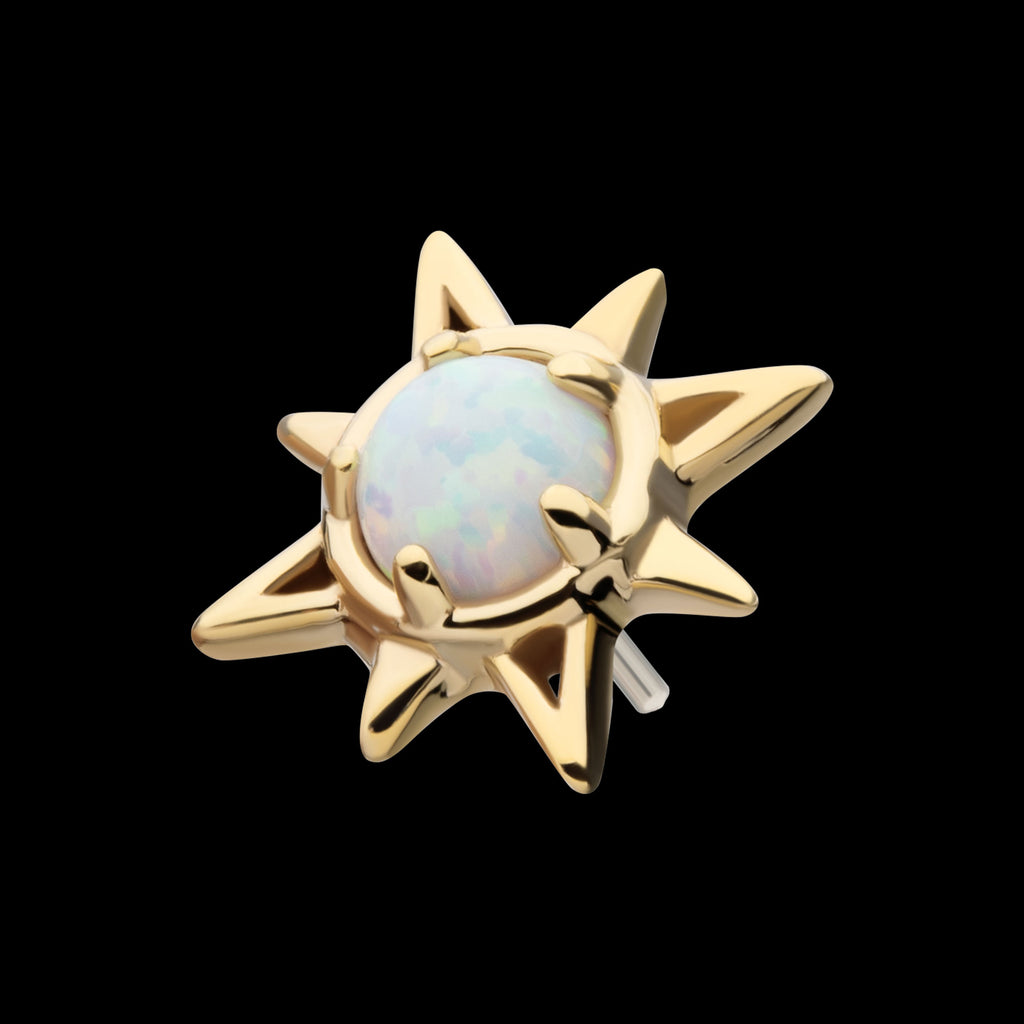 Prong Set Round White Opal Sunburst Flatback Stud Earring / Nosering - White Opal & Opal in 14Kt Yellow Gold