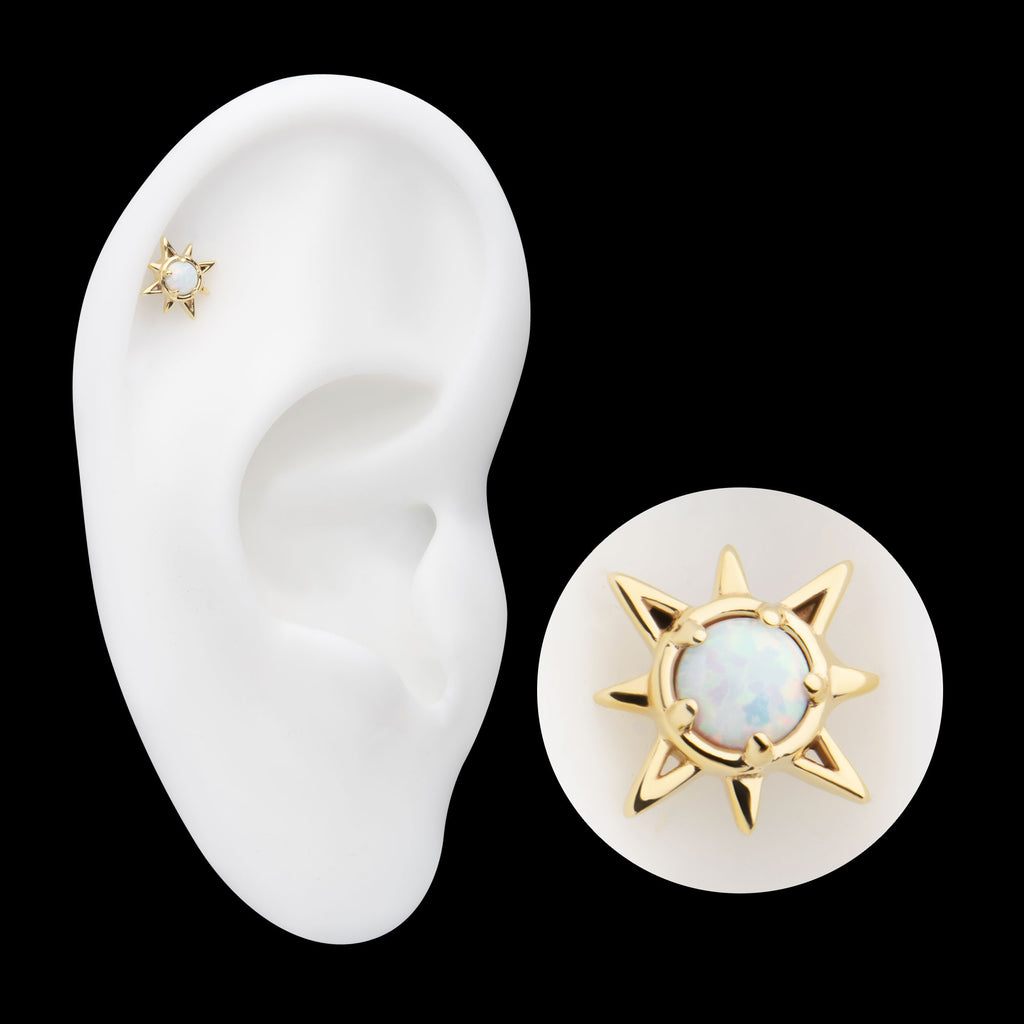 Prong Set Round White Opal Sunburst Flatback Stud Earring / Nosering - White Opal & Opal in 14Kt Yellow Gold