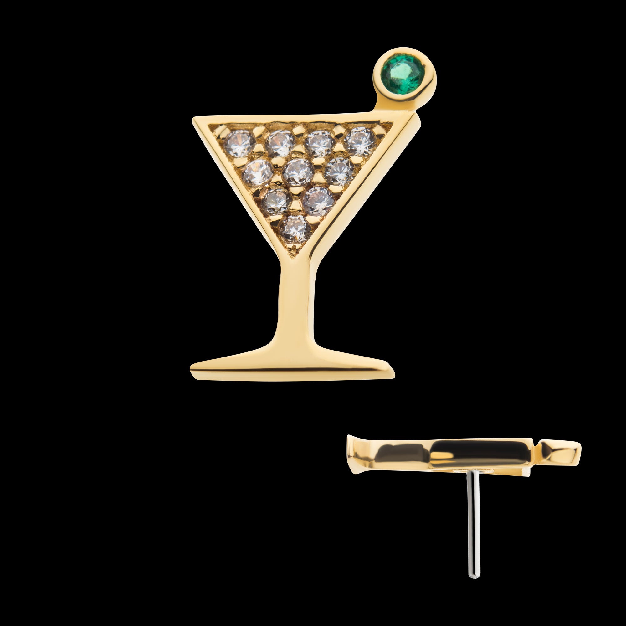 Pave Set Round Clear CZ and Olive Green CZ Martini Flatback Stud Earring / Nosering - Clear CZ in 14Kt Yellow Gold