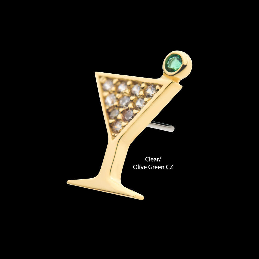 Pave Set Round Clear CZ and Olive Green CZ Martini Flatback Stud Earring / Nosering - Clear CZ in 14Kt Yellow Gold