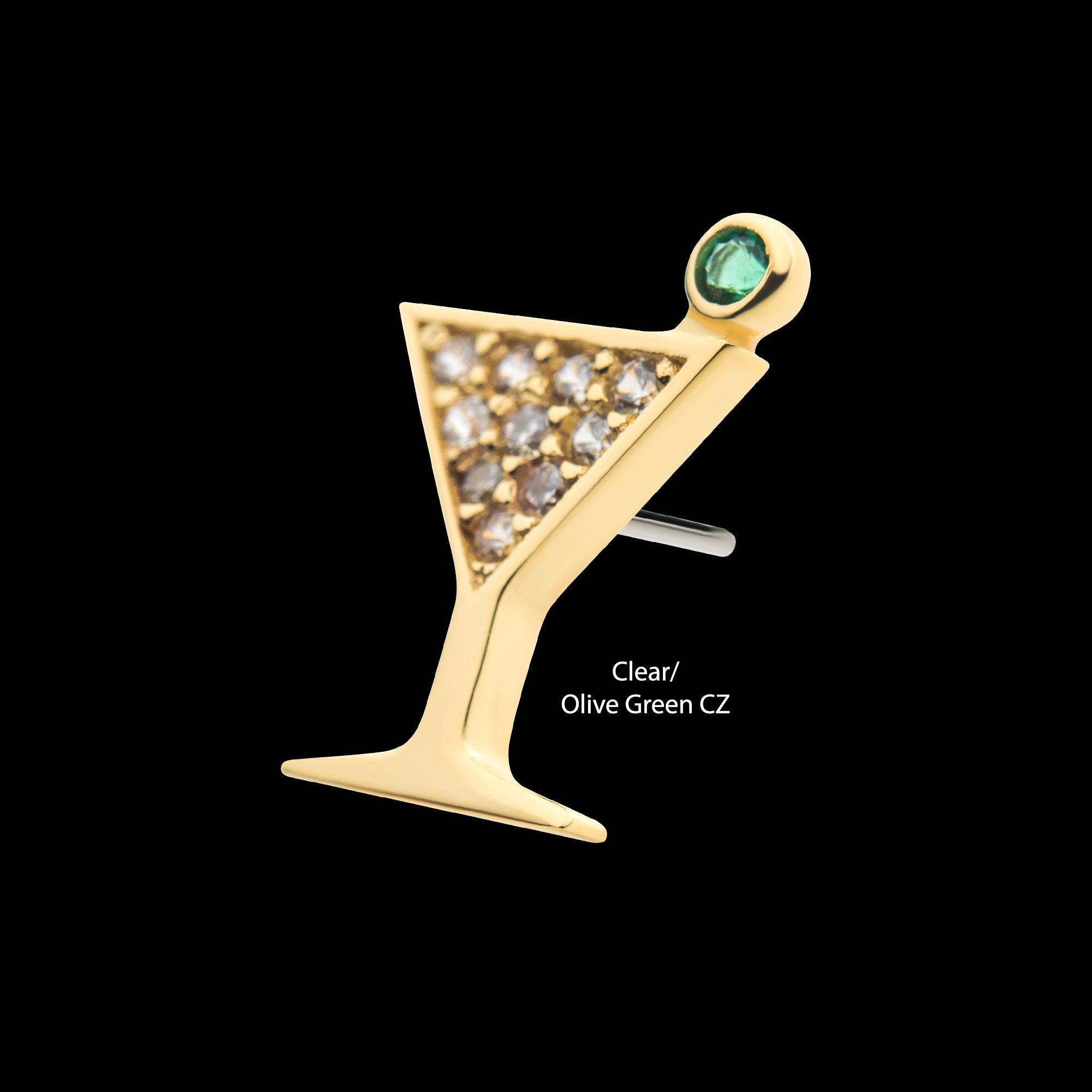 Pave Set Round Clear CZ and Olive Green CZ Martini Flatback Stud Earring / Nosering - Clear CZ in 14Kt Yellow Gold