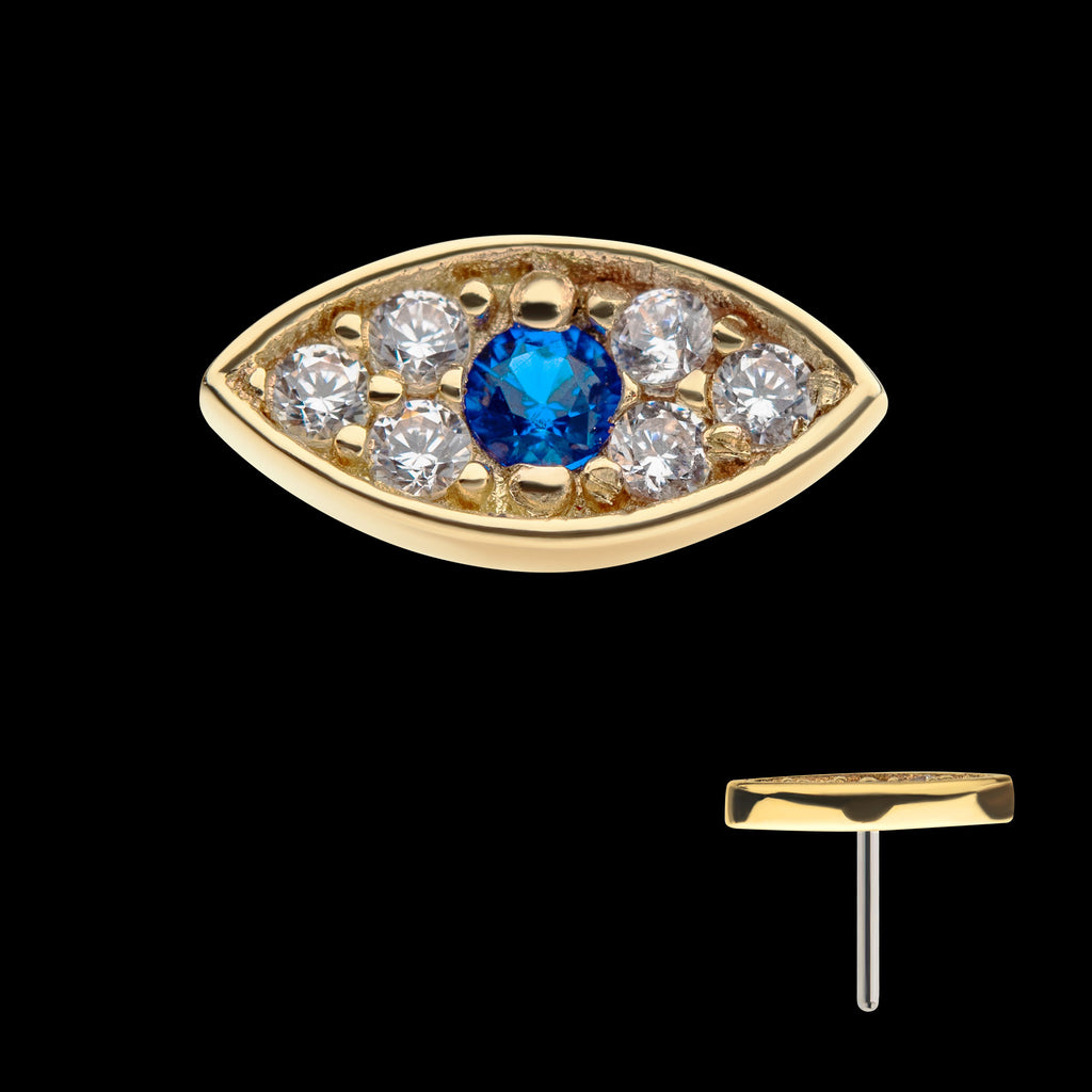 Pave Set Round Blue Sapphire & Clear Gem Evil Eye Flatback Stud Earring / Nosering - Gem in 14Kt Yellow Gold