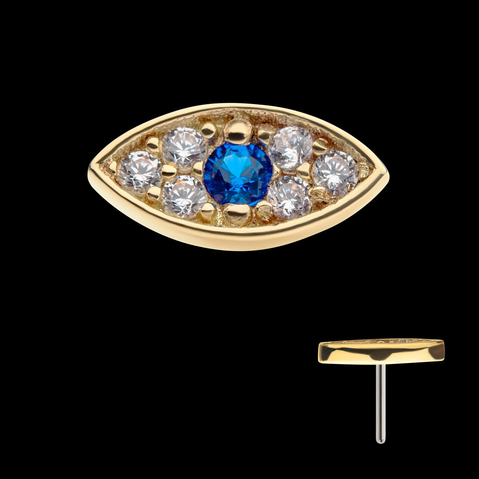 Pave Set Round Blue Sapphire & Clear Gem Evil Eye Flatback Stud Earring / Nosering - Gem in 14Kt Yellow Gold