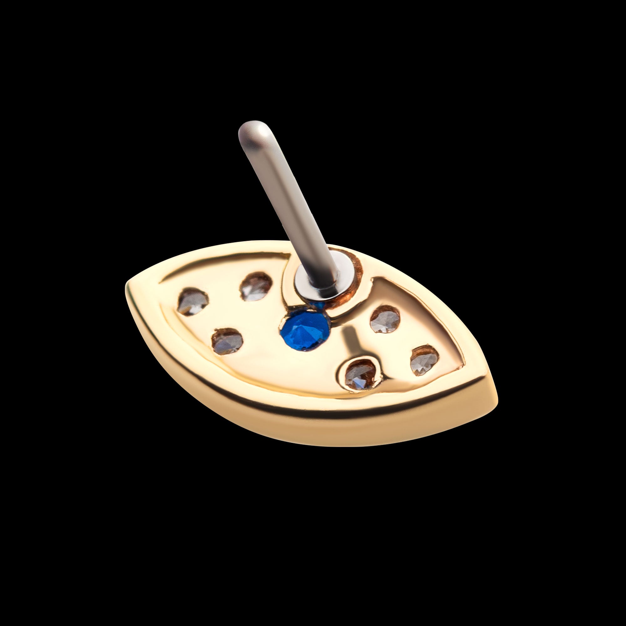 Pave Set Round Blue Sapphire & Clear Gem Evil Eye Flatback Stud Earring / Nosering - Gem in 14Kt Yellow Gold
