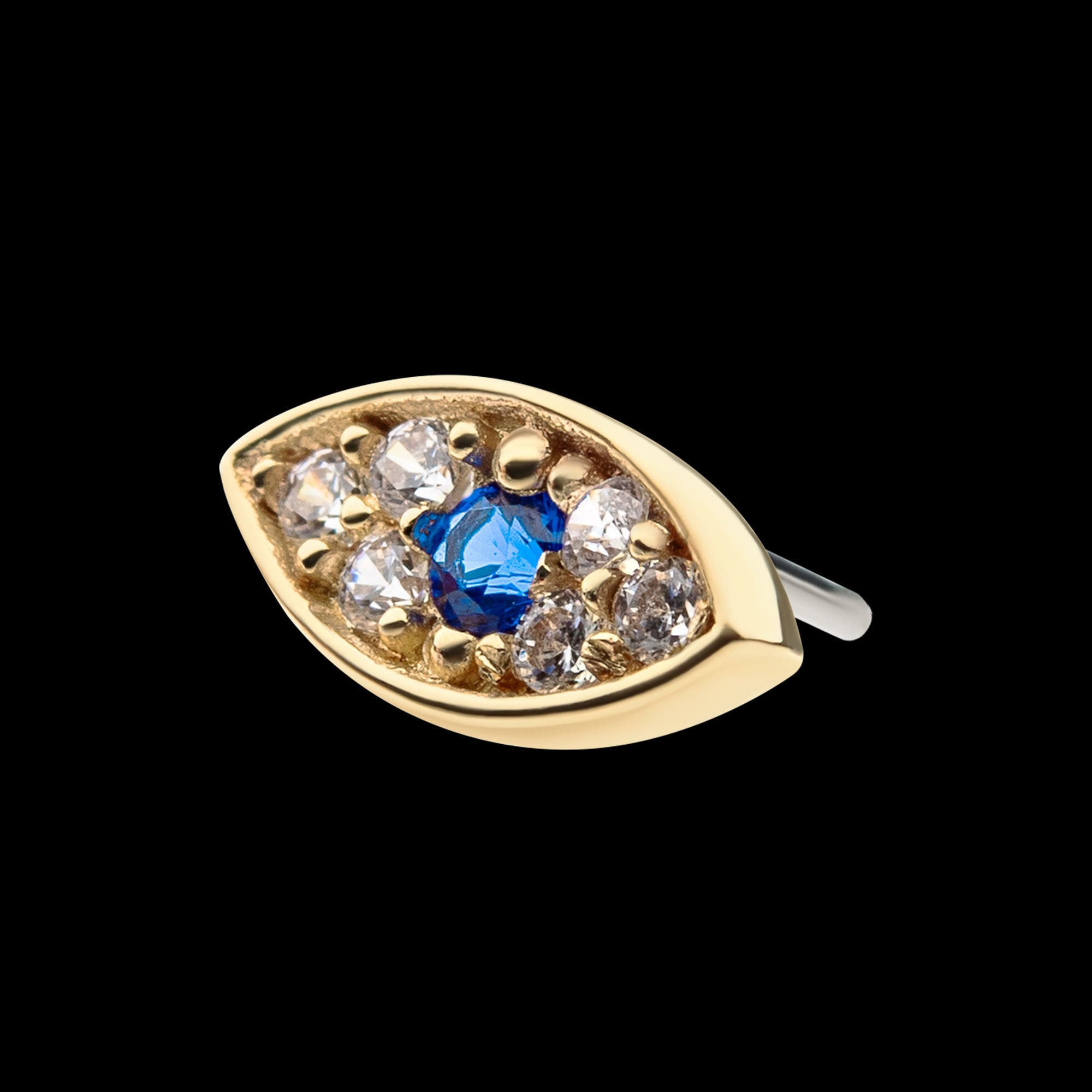 Pave Set Round Blue Sapphire & Clear Gem Evil Eye Flatback Stud Earring / Nosering - Gem in 14Kt Yellow Gold