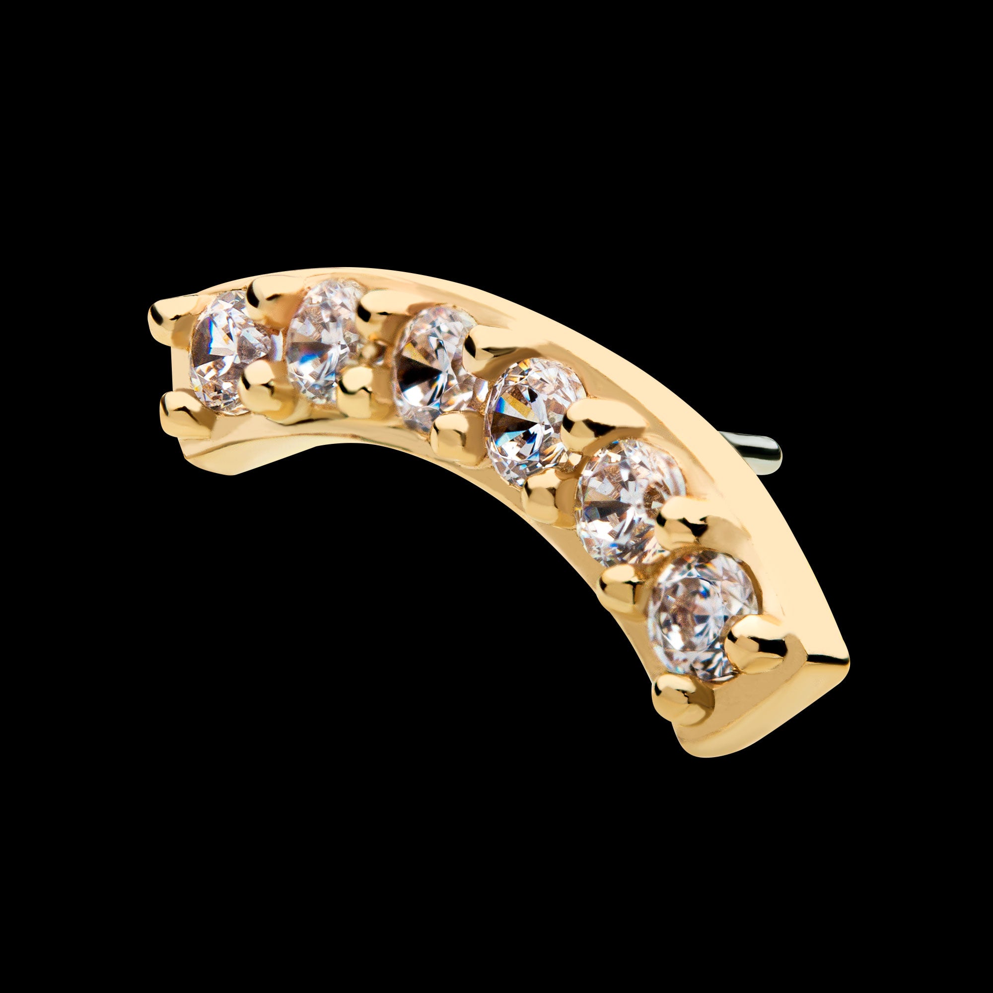 Prong Set Clear CZ 6-Cluster Curved Bar Flatback Stud Earring / Nosering - Clear CZ in 14Kt Yellow Gold