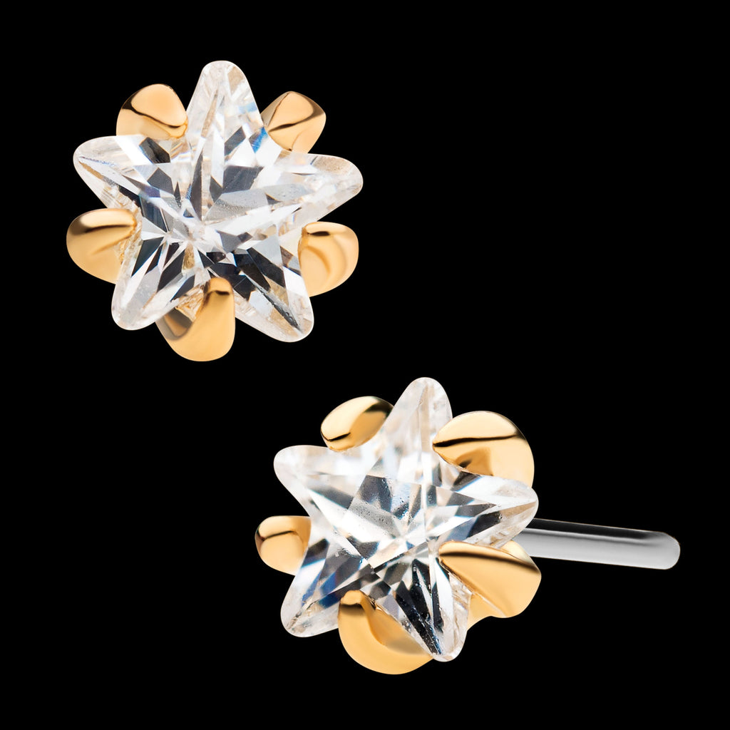 5-Prong Set Clear CZ Star Flatback Stud Earring / Nosering - Clear CZ in 14Kt Yellow Gold