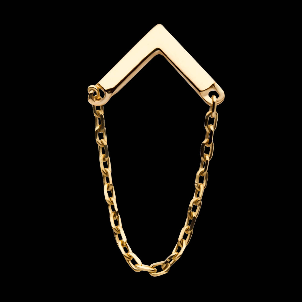 Chevron with Dangling Chain Flatback Stud Earring / Nosering - 14Kt Yellow Gold