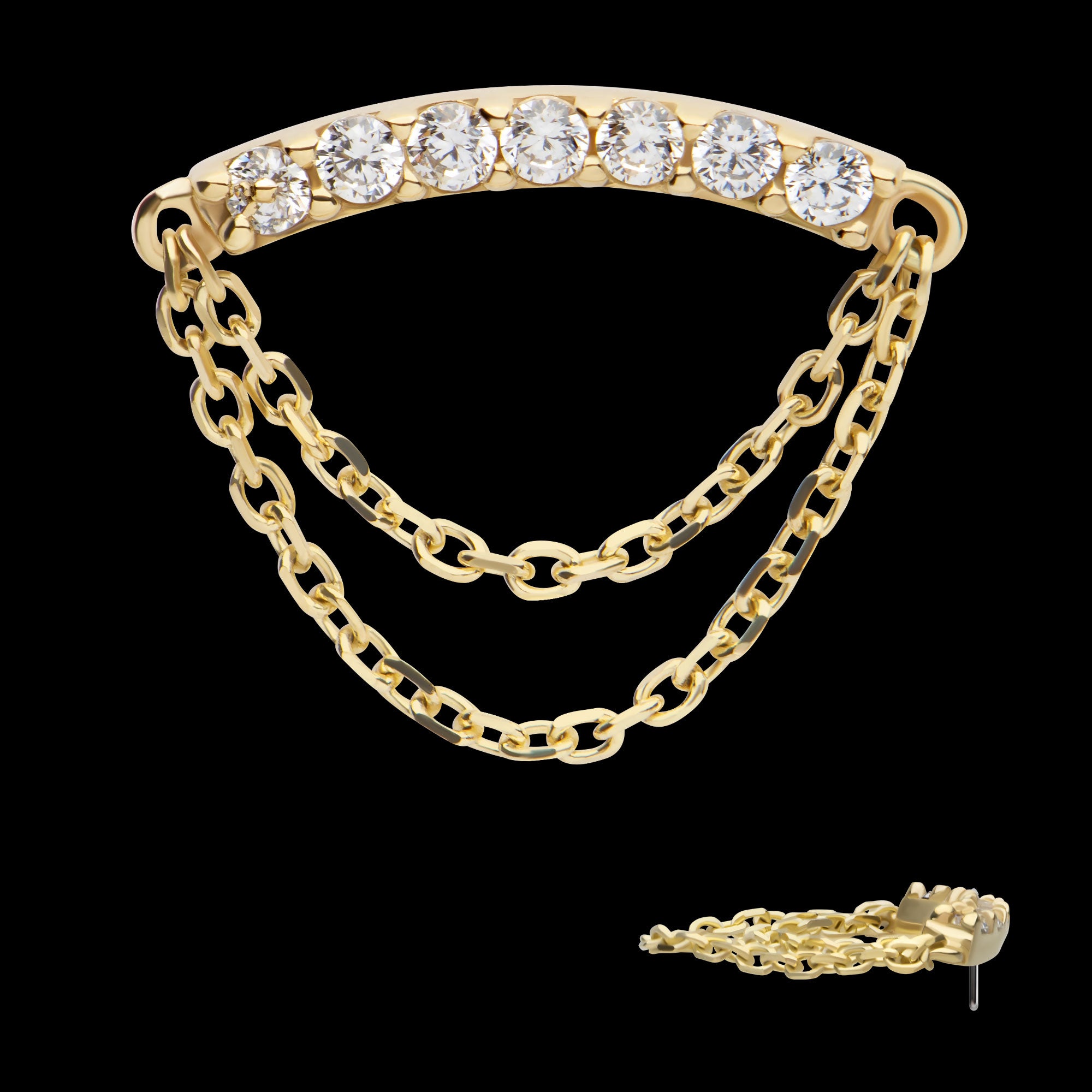 7 Round Prong Set CZ Curve Bar with 2 Tier Dangle Chain Flatback Stud Earring / Nosering - CZ in 14Kt Yellow Gold