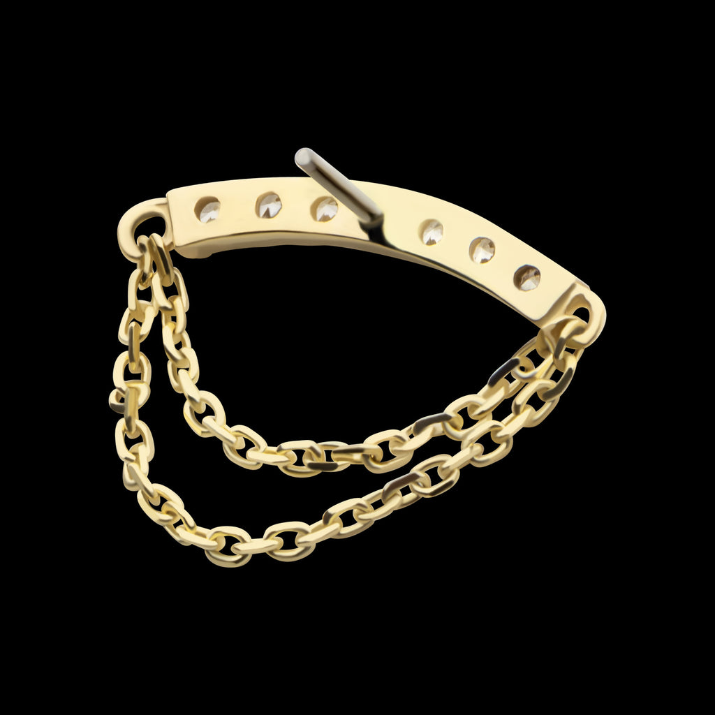 7 Round Prong Set CZ Curve Bar with 2 Tier Dangle Chain Flatback Stud Earring / Nosering - CZ in 14Kt Yellow Gold