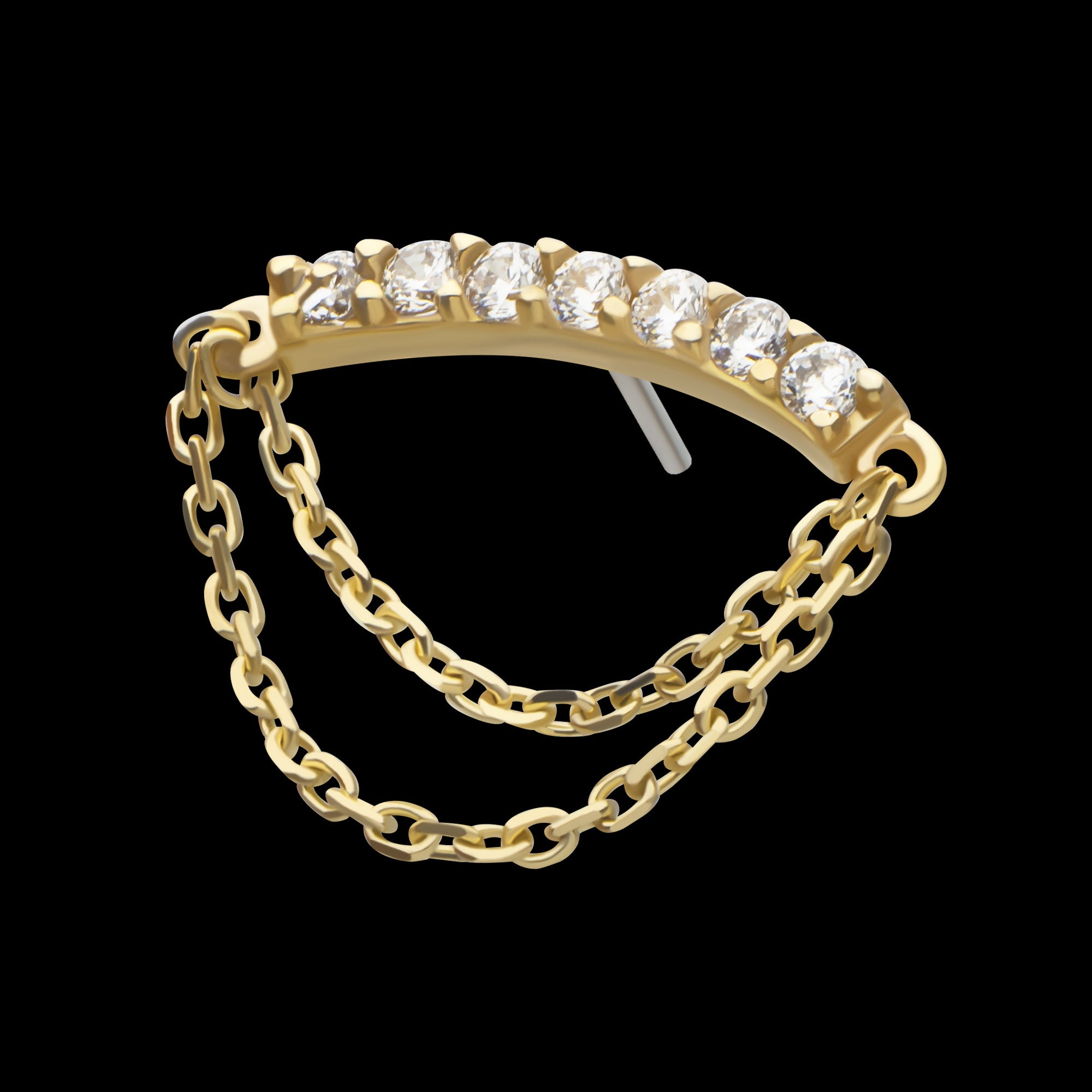 7 Round Prong Set CZ Curve Bar with 2 Tier Dangle Chain Flatback Stud Earring / Nosering - CZ in 14Kt Yellow Gold