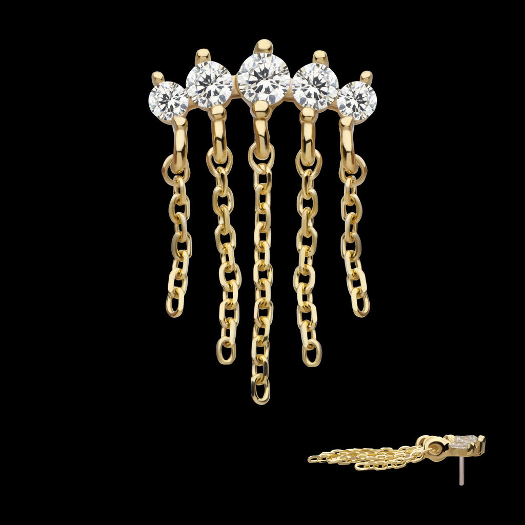 5 Round Prong Set CZ Curve Bar with 5 Dangle Chains Flatback Stud Earring / Nosering - CZ in 14Kt Yellow Gold