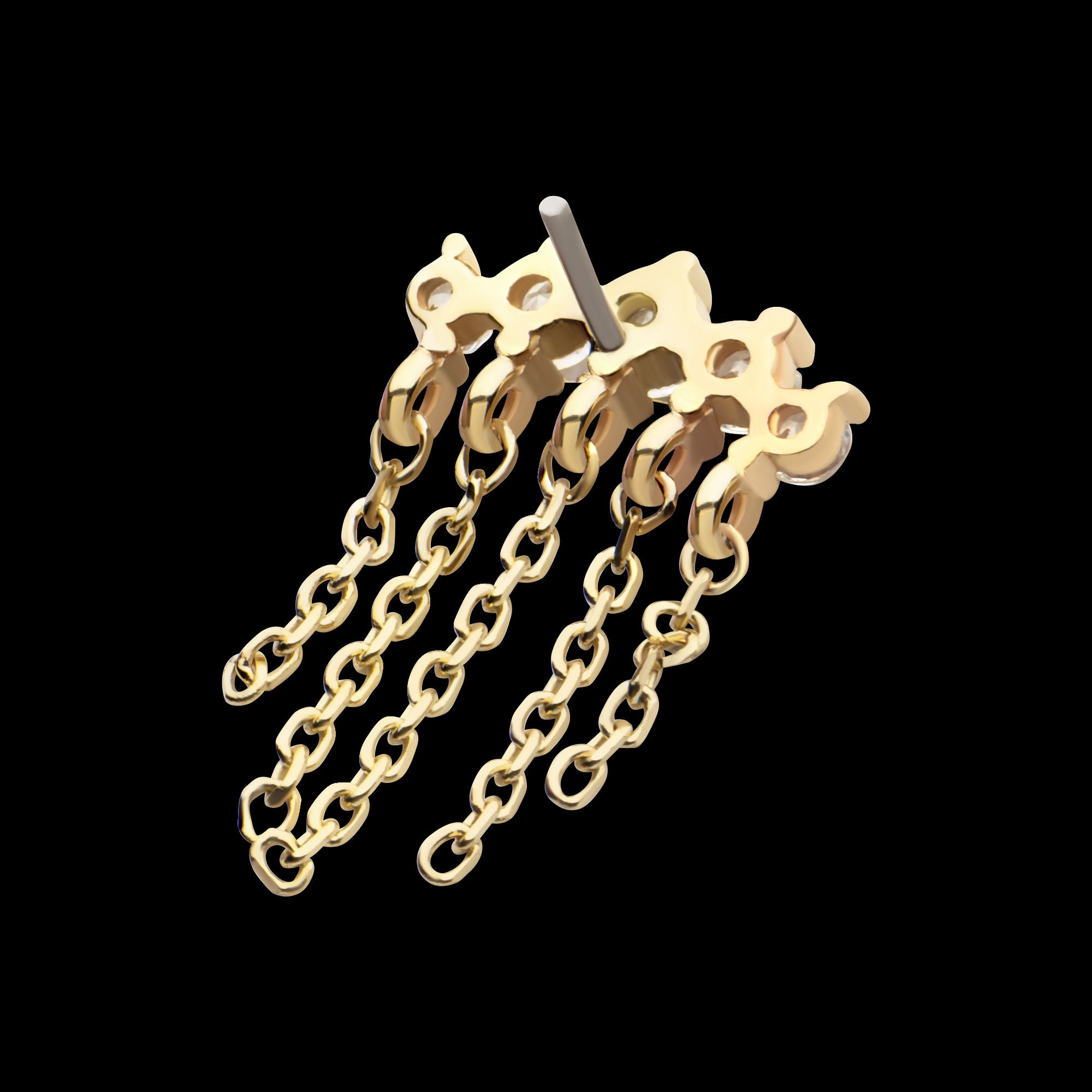 5 Round Prong Set CZ Curve Bar with 5 Dangle Chains Flatback Stud Earring / Nosering - CZ in 14Kt Yellow Gold