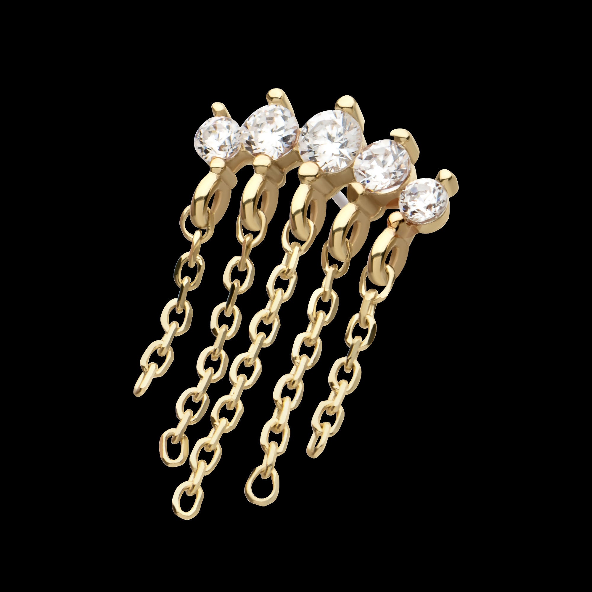 5 Round Prong Set CZ Curve Bar with 5 Dangle Chains Flatback Stud Earring / Nosering - CZ in 14Kt Yellow Gold