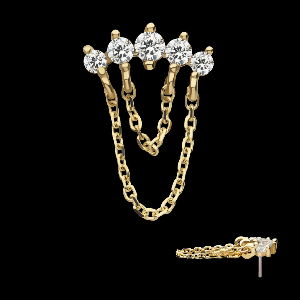 5 Round Prong Set CZ Curve Bar with 2 Tier Dangle Chain Flatback Stud Earring / Nosering - CZ in 14Kt Yellow Gold