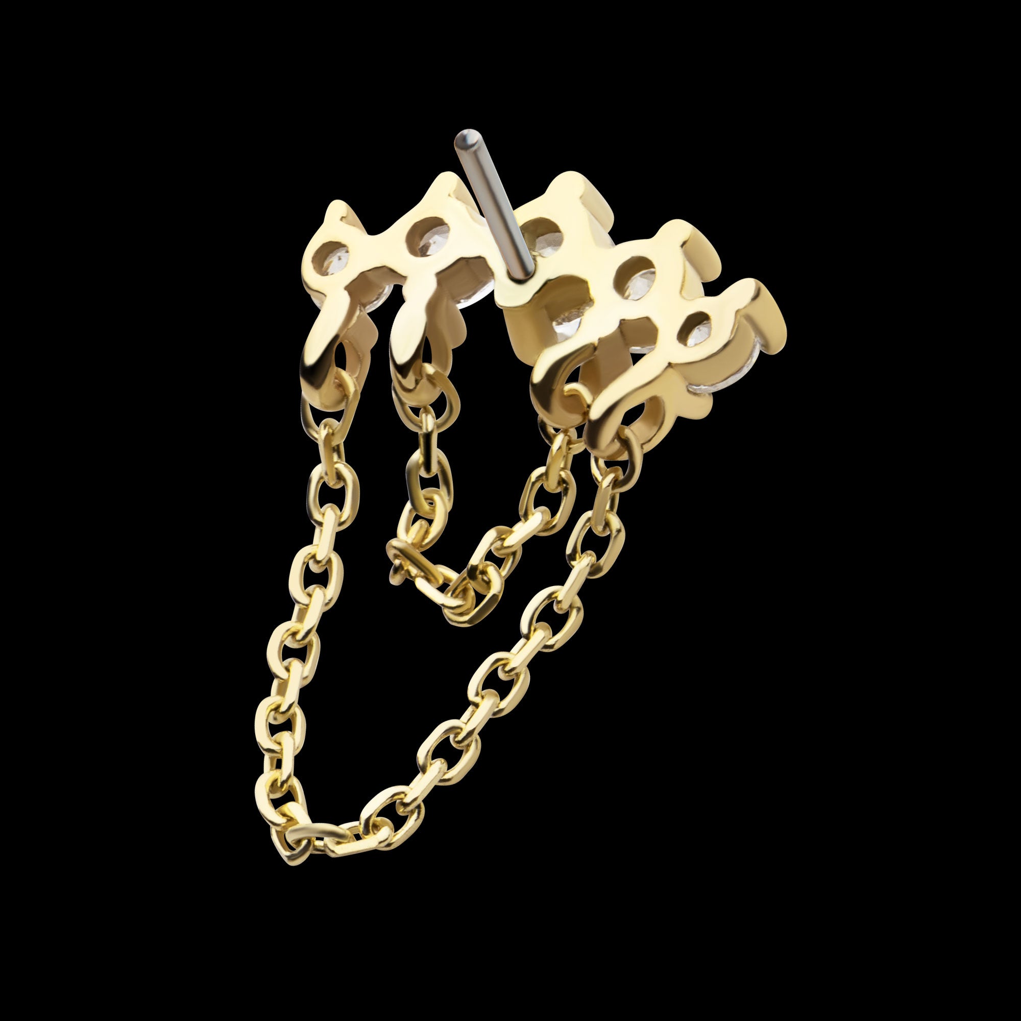 5 Round Prong Set CZ Curve Bar with 2 Tier Dangle Chain Flatback Stud Earring / Nosering - CZ in 14Kt Yellow Gold