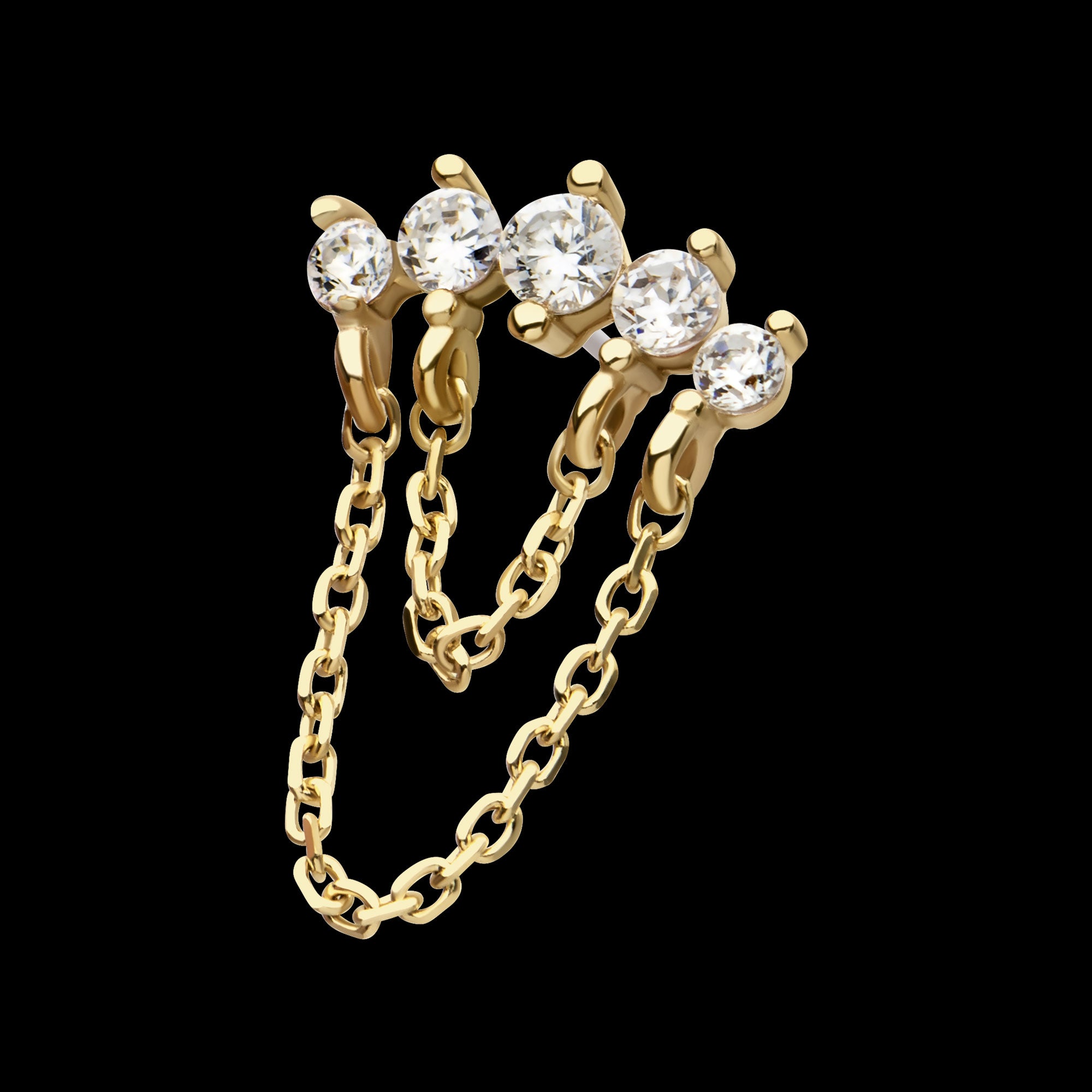 5 Round Prong Set CZ Curve Bar with 2 Tier Dangle Chain Flatback Stud Earring / Nosering - CZ in 14Kt Yellow Gold