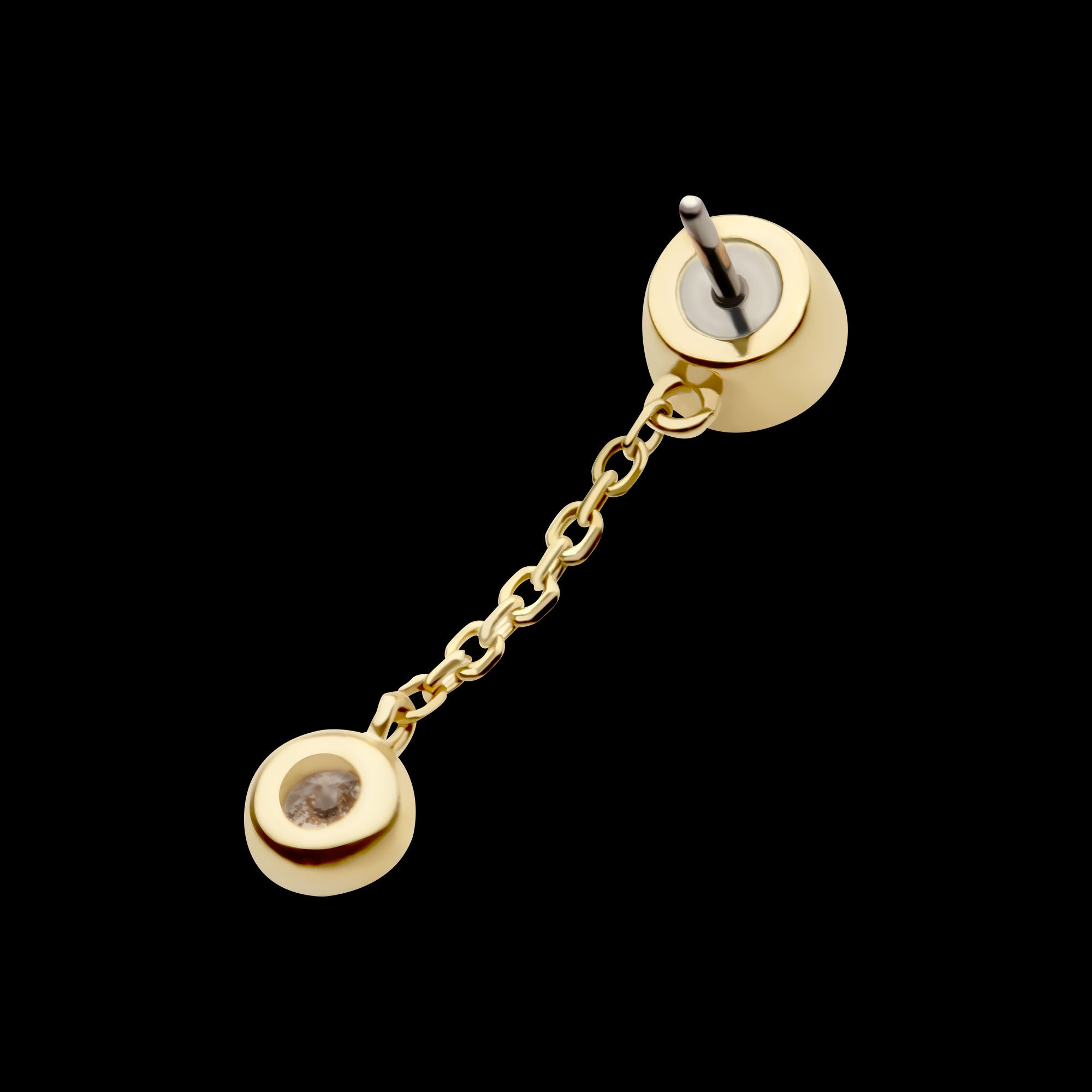 Double Bezel Set Round CZ with Dangle Chain Flatback Stud Earring / Nosering - CZ in 14Kt Gold