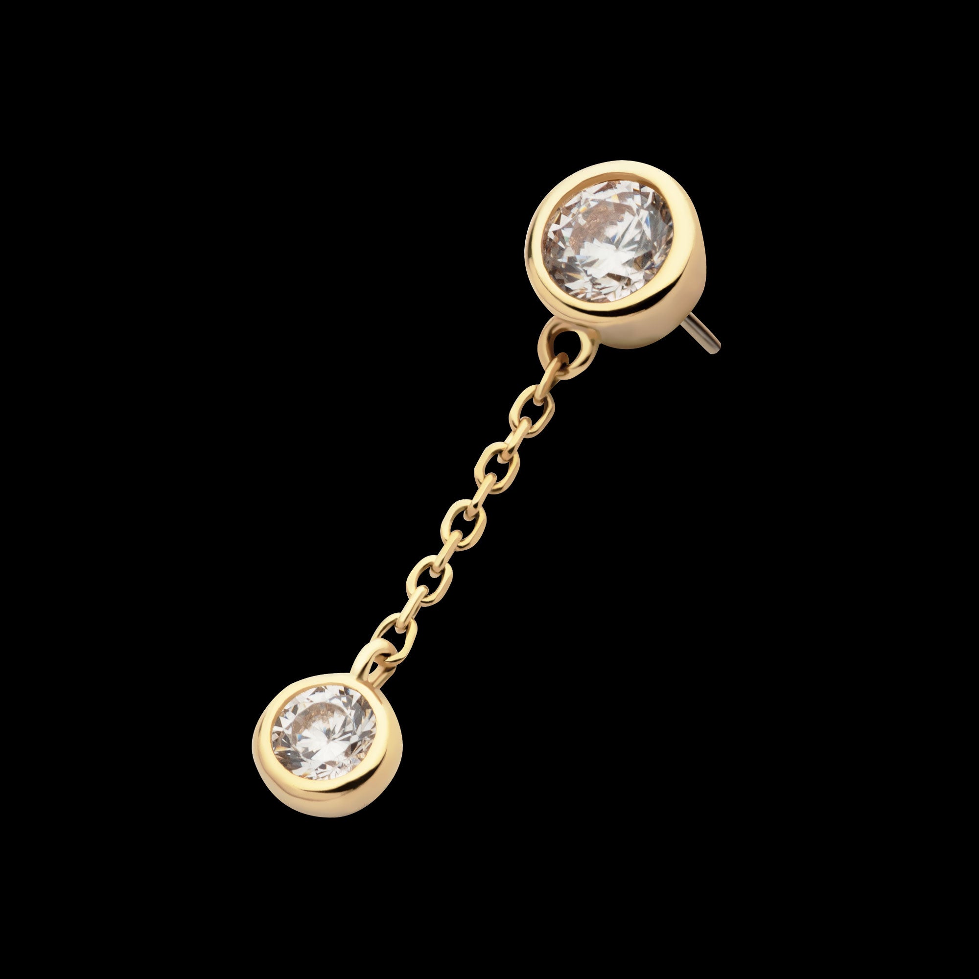 Double Bezel Set Round CZ with Dangle Chain Flatback Stud Earring / Nosering - CZ in 14Kt Gold