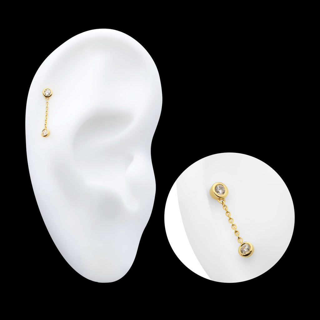 Double Bezel Set Round CZ with Dangle Chain Flatback Stud Earring / Nosering - CZ in 14Kt Gold