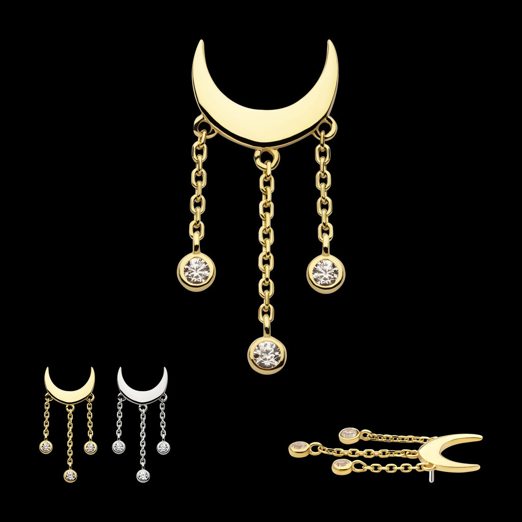 Crescent Moon with Bezel Set CZ Dangle Triple Chain Flatback Stud Earring / Nosering - CZ in 14Kt Gold