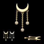 Crescent Moon with Bezel Set CZ Dangle Triple Chain Flatback Stud Earring / Nosering - CZ in 14Kt Gold