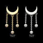 Crescent Moon with Bezel Set CZ Dangle Triple Chain Flatback Stud Earring / Nosering - CZ in 14Kt Gold