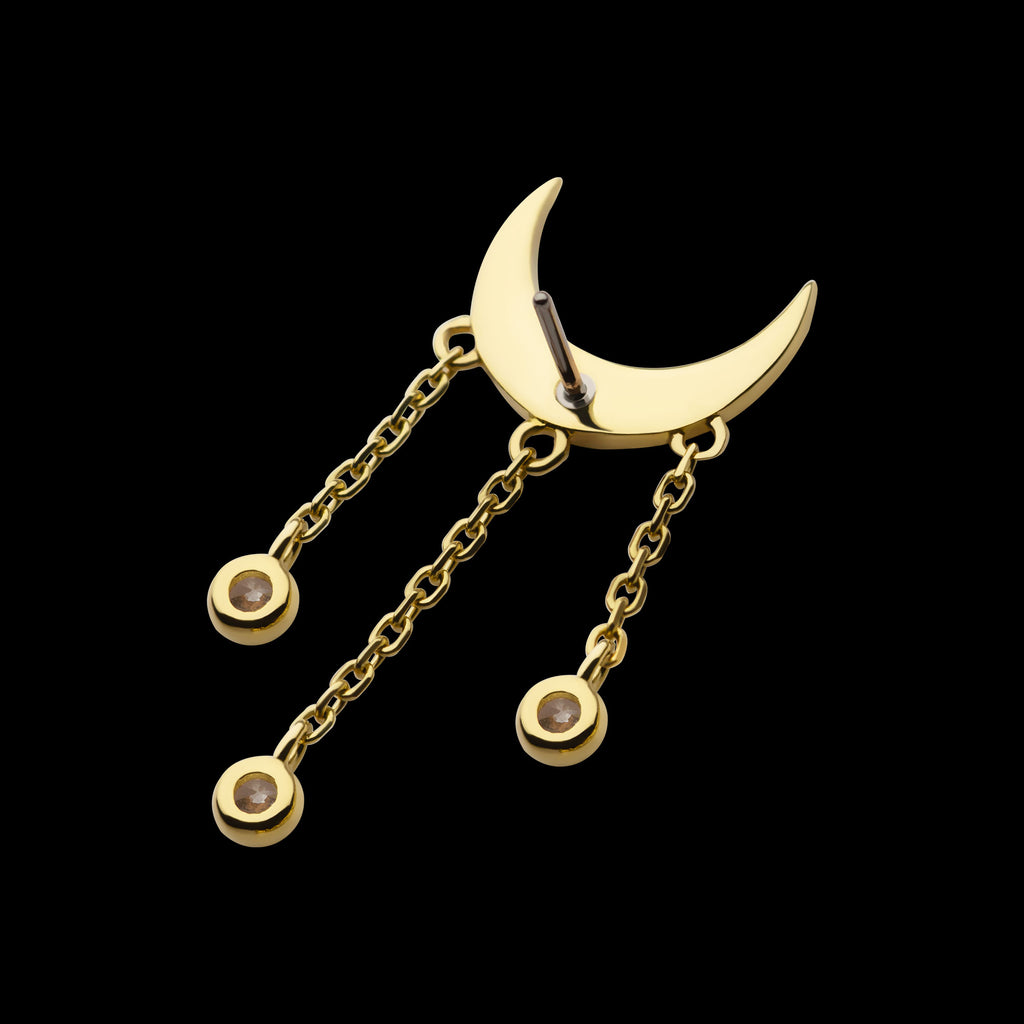 Crescent Moon with Bezel Set CZ Dangle Triple Chain Flatback Stud Earring / Nosering - CZ in 14Kt Gold