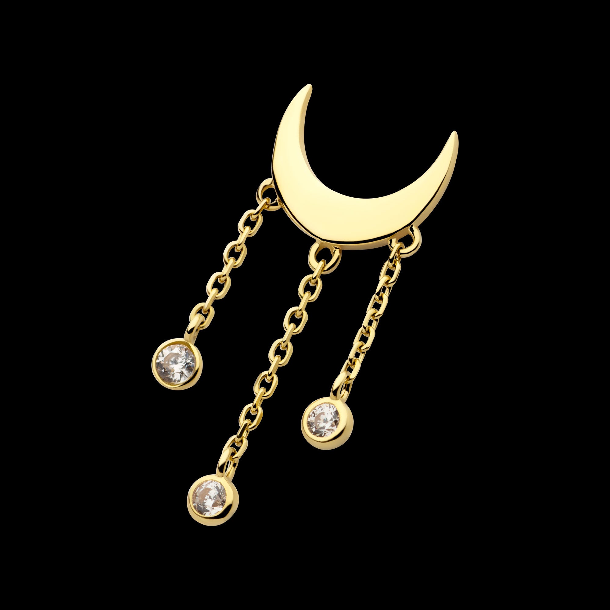 Crescent Moon with Bezel Set CZ Dangle Triple Chain Flatback Stud Earring / Nosering - CZ in 14Kt Gold
